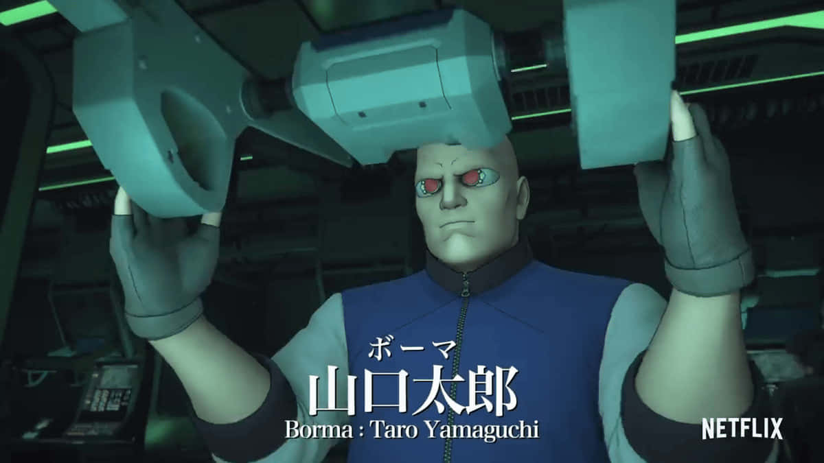 Ghost In The Shell Borma 桌布 壁紙 — 一個光頭、紅眼睛的動漫角色在燈光昏暗的未來駕駛艙中舉起重型機械。