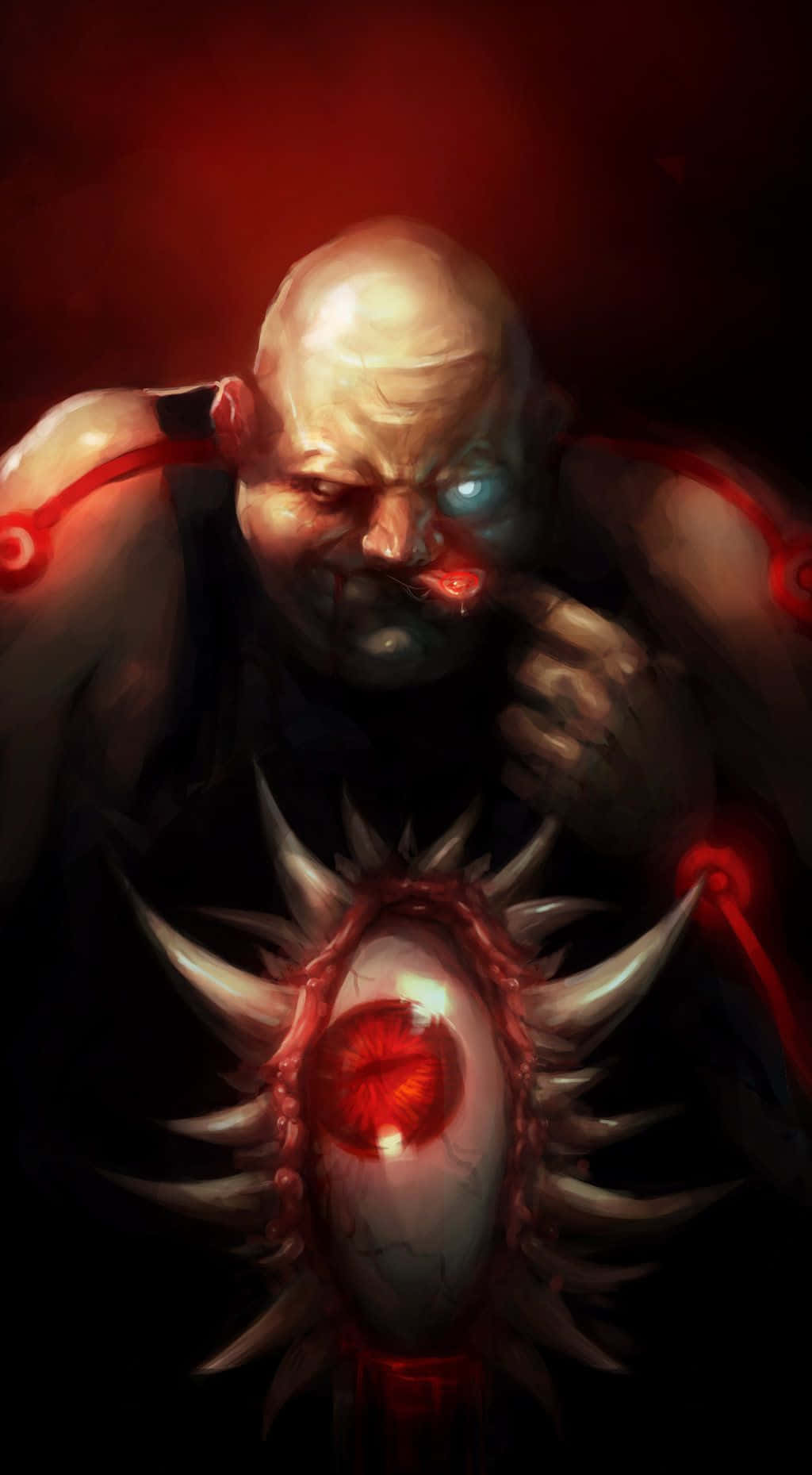 Fullmetal Alchemist Gluttony 桌布 壁紙 — 一個光頭、肌肉發達的人物，擁有發光的紅色和藍色眼睛，以及帶有尖刺的胸甲，背景為深紅色。