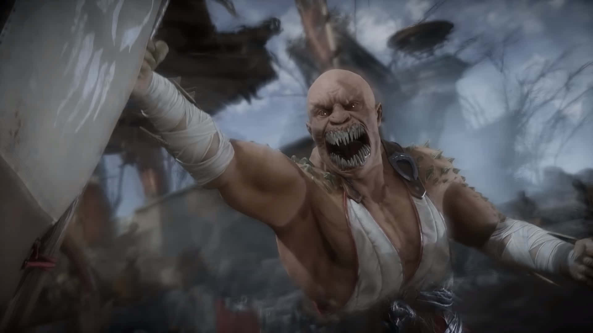 Mortal Kombat Baraka 桌布 壁紙 — 一個光頭、肌肉發達的戰士，擁有鋒利的牙齒和纏著繃帶的手臂，在風暴肆虐的廢墟戰場上揮舞著大型武器咆哮。