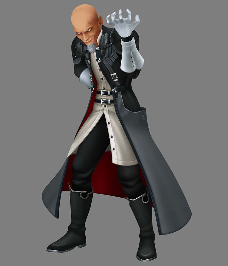 Kingdom Hearts Xehanort 桌布 壁紙 — 一個光頭、黃眼睛、戴白手套的動畫反派，穿著黑紅外套擺出威脅姿勢。