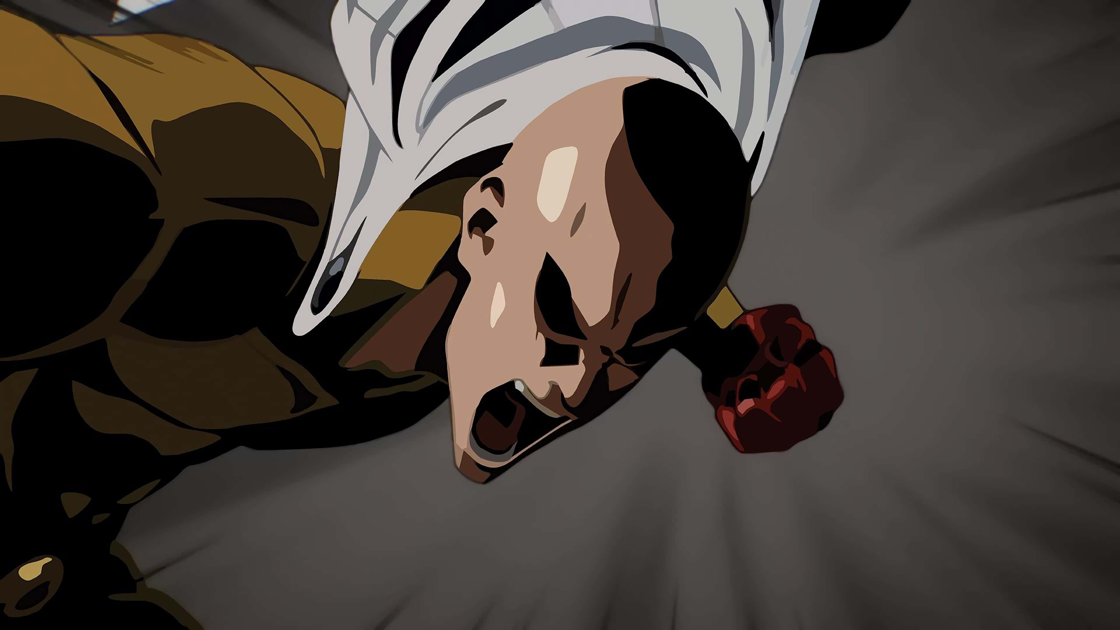 One Punch Man Minimalist 桌布 壁紙 — 一個光頭動漫戰士，身穿白襯衫和紅色手套，在深灰色背景前發出強烈決心的咆哮。