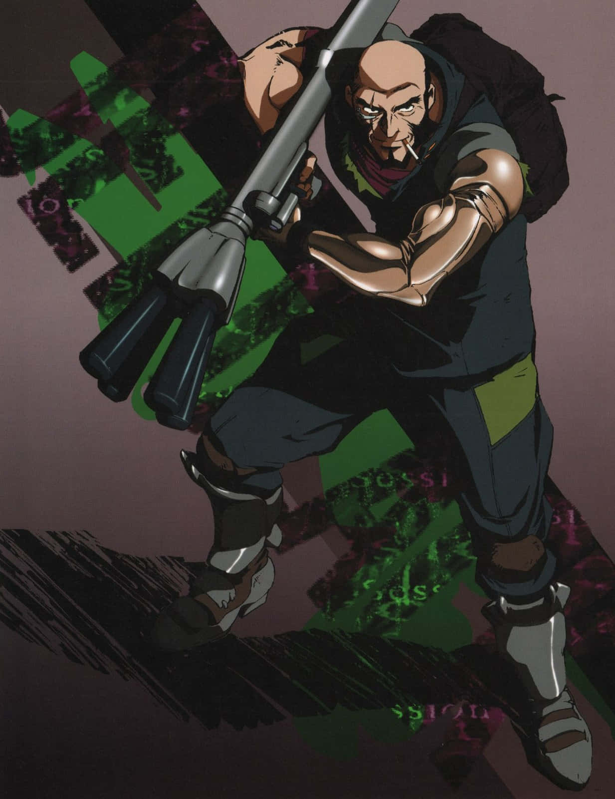 Cowboy Bebop Jet Black 桌布 壁紙 — 一個光頭動漫戰士用機械臂揮舞火箭發射器，周圍是故障的綠色數位碎片。