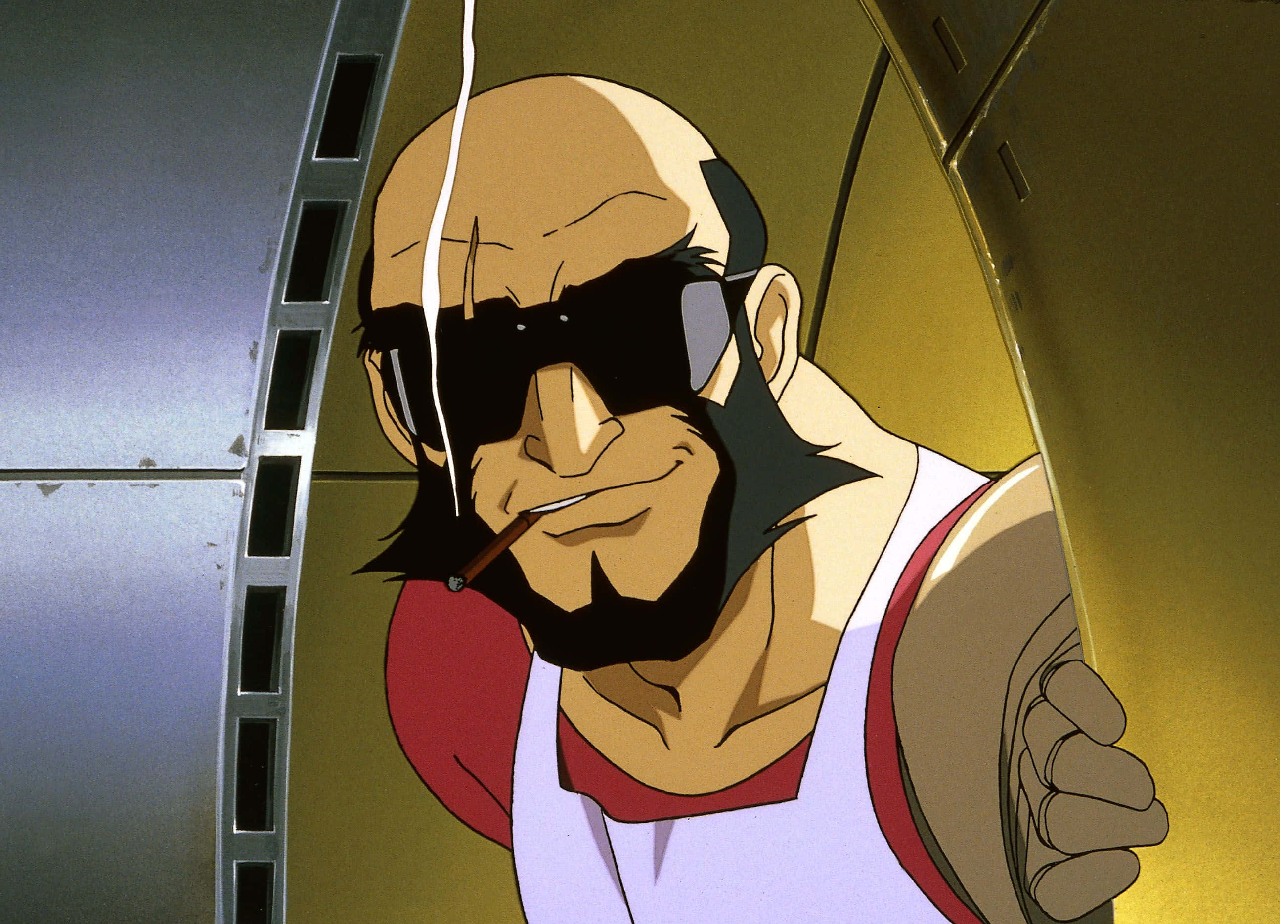 Cowboy Bebop Jet Black 桌布 壁紙 — 一個光頭動漫男人，留著山羊鬍子，戴著太陽眼鏡，在金屬走廊裡叼著煙，露出得意的笑容。