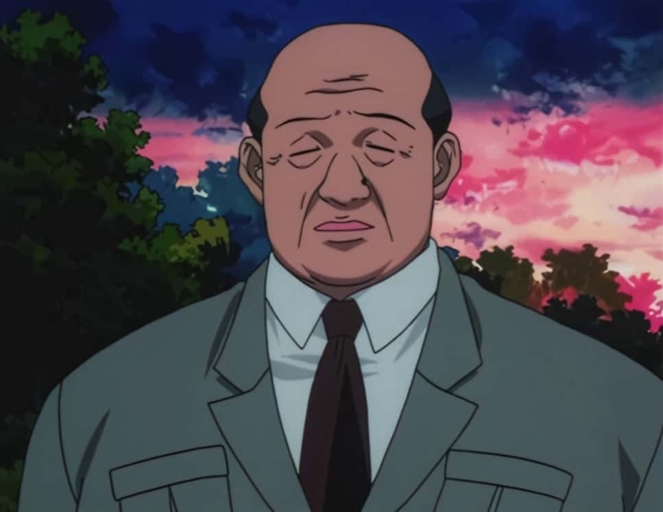 Hunter X Hunter Zebro 桌布 壁紙 — 一個光頭動漫男人穿著灰色西裝，在充滿活力的粉紅色和紫色日落天空與黑暗樹木的背景下莊嚴地站立。