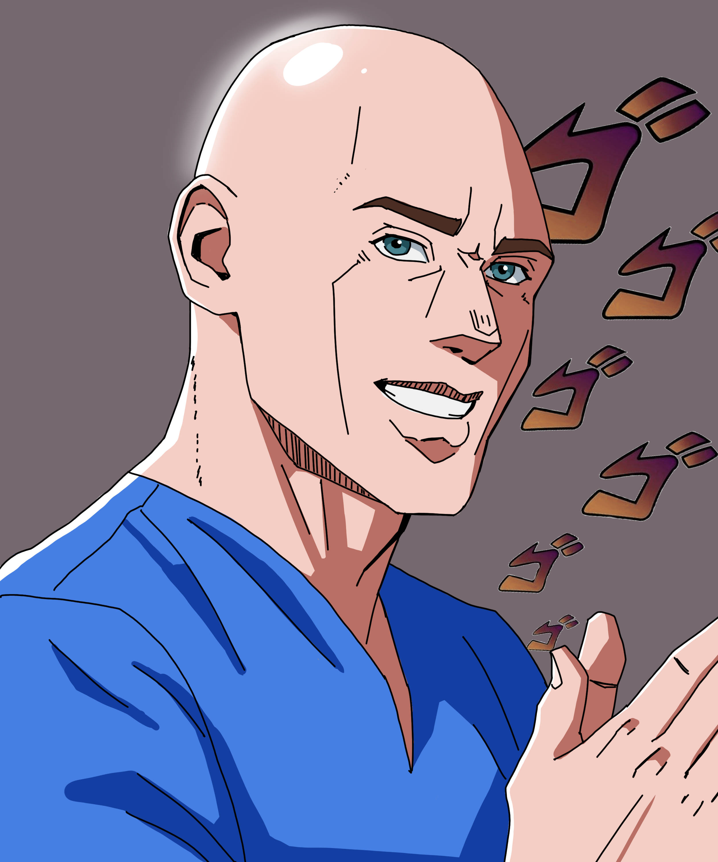藝術 桌布 壁紙 — 一個光頭動漫男子穿著藍色襯衫，自信地微笑，旁邊漂浮著風格化的日文字句。