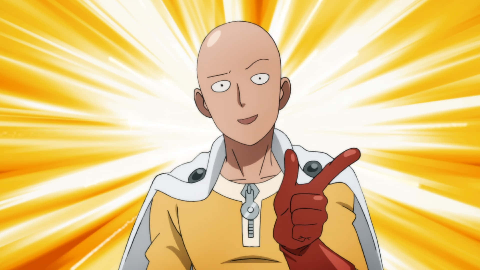One Punch Man Season 2 桌布 壁紙 — 一個光頭動漫英雄穿著黃色西裝和白色斗篷，在燦爛的黃色背景前比出和平手勢。