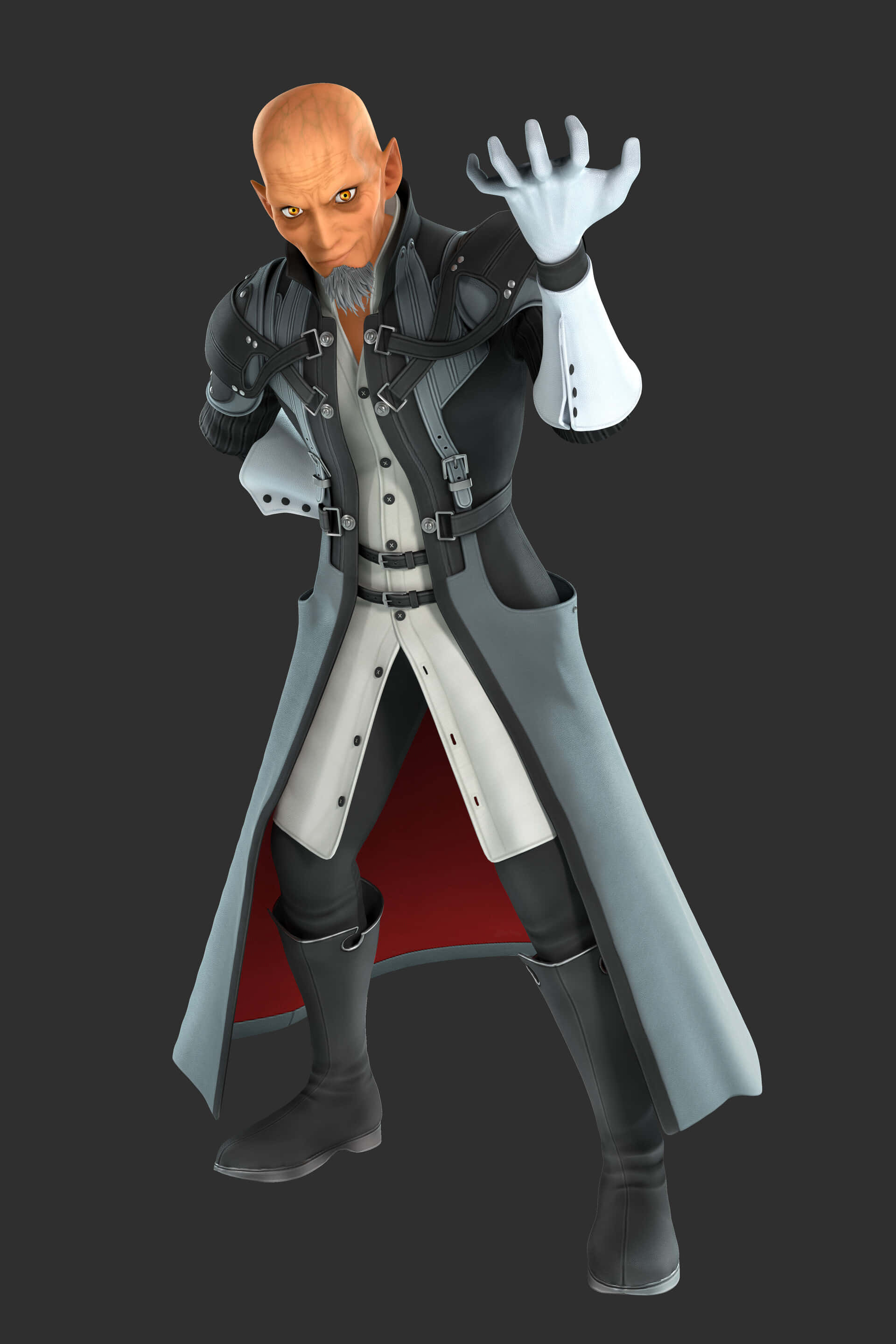 Kingdom Hearts Xehanort 桌布 壁紙 — 一個光頭動漫角色，灰色鬍鬚，發光的眼睛，穿著黑白雙色紅色內襯的風衣，在深灰色背景前舉起戴手套的手。