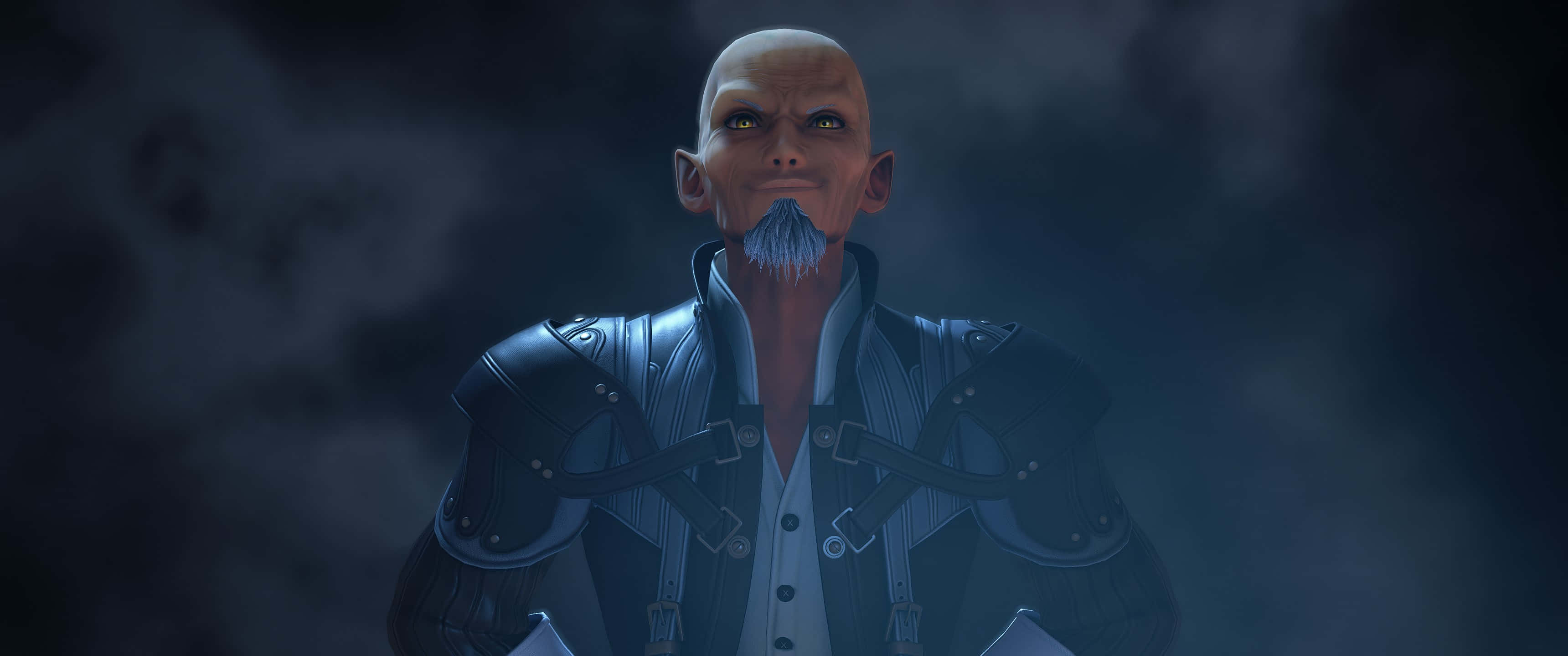 Kingdom Hearts Xehanort 桌布 壁紙 — 一個光頭動漫角色，留著藍色山羊鬍，身穿暗色盔甲，背景是煙霧瀰漫的黑暗環境。