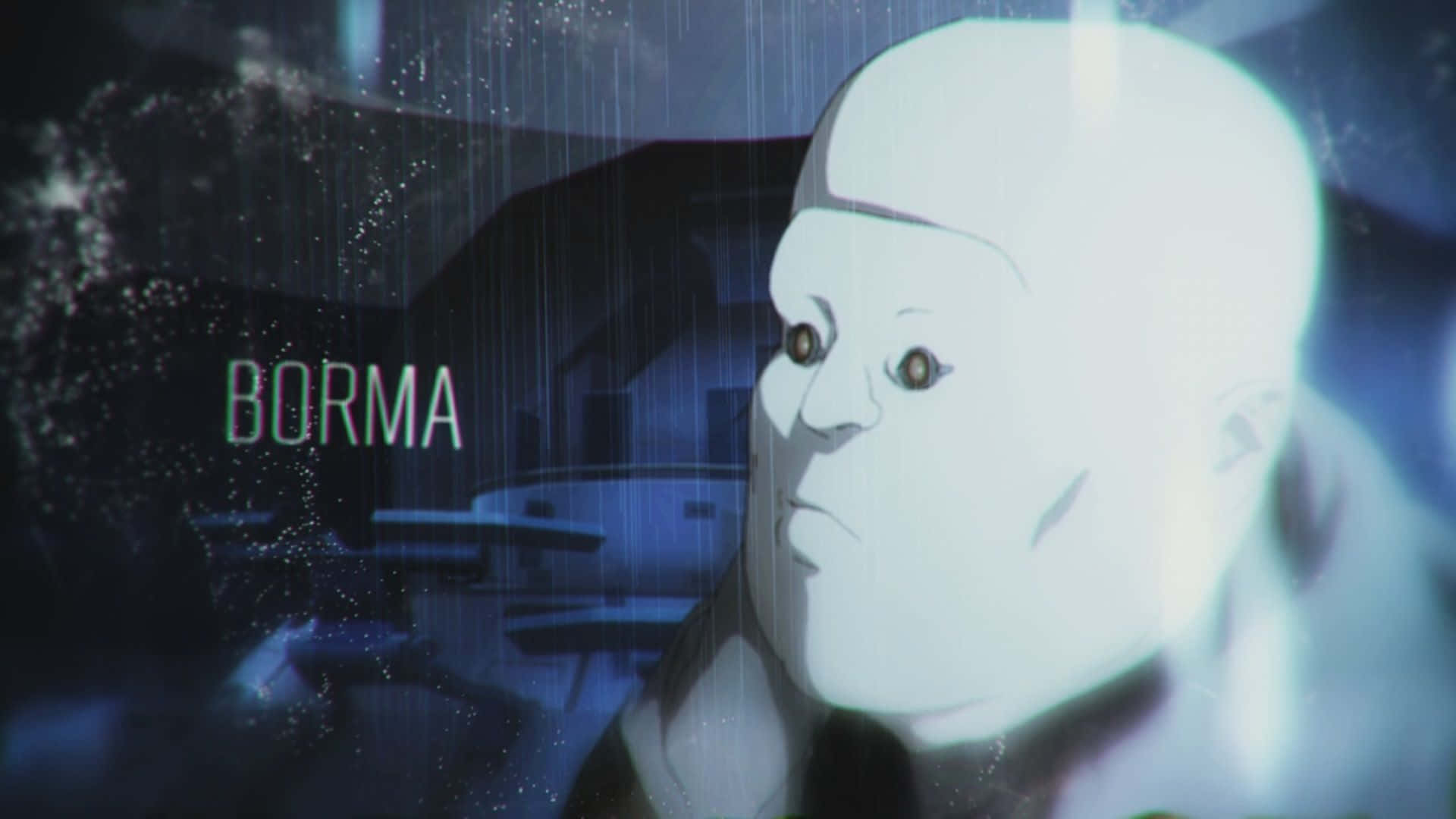 Ghost In The Shell Borma 桌布 壁紙 — 一個光頭動漫角色，雙眼發光，在夜晚下雨的霓虹燈城市小巷中莊嚴地凝視。