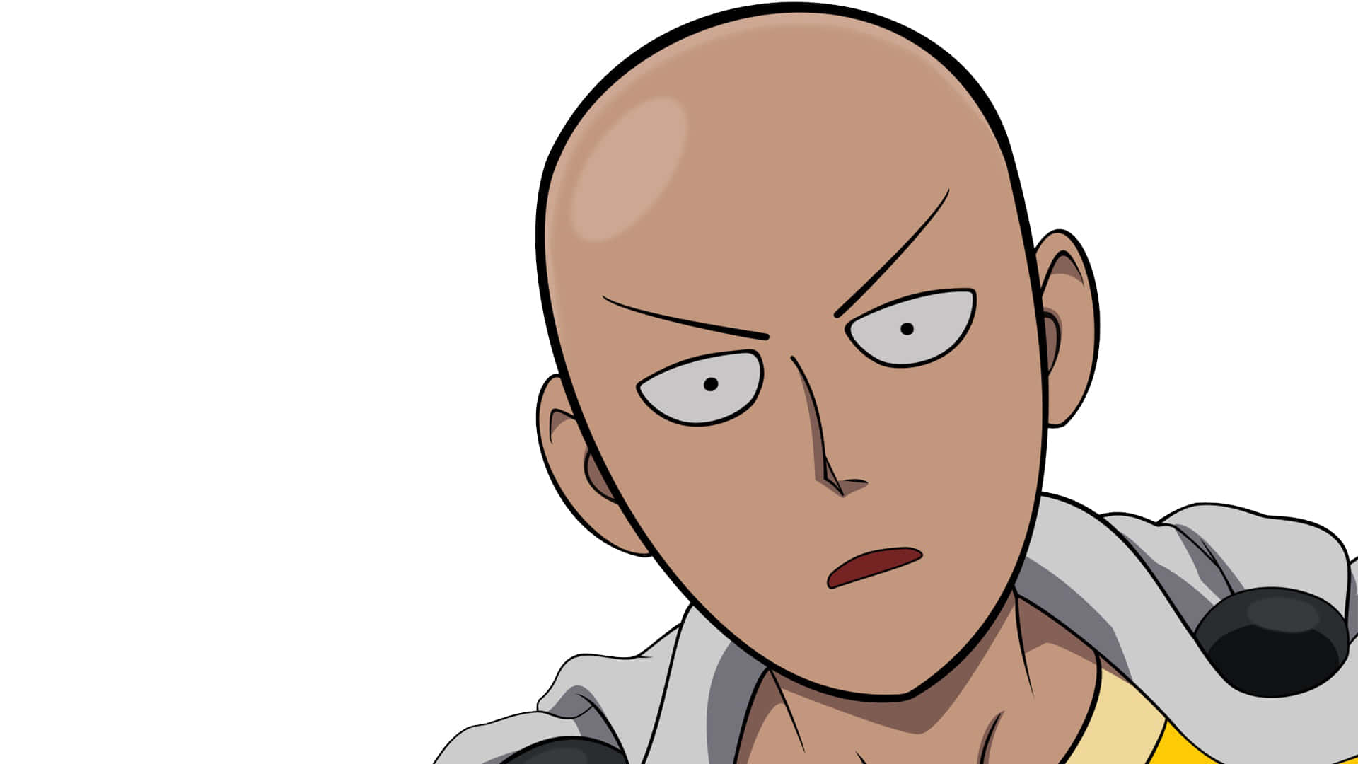 One Punch Man Minimalist 桌布 壁紙 — 一個光頭動漫角色帶着憤怒的表情，穿着灰色連帽衫，背景為純白色。