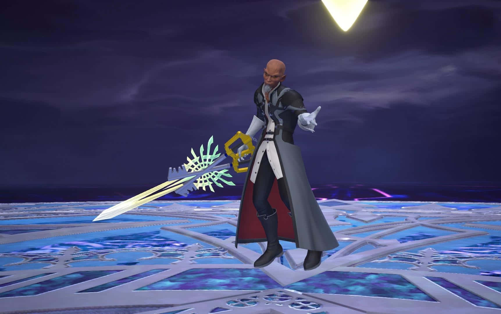 Kingdom Hearts Xehanort 桌布 壁紙 — 一個光頭動漫角色穿著長外套，站在冰凍平台上，在滿月下拿著發光的鑰刃。