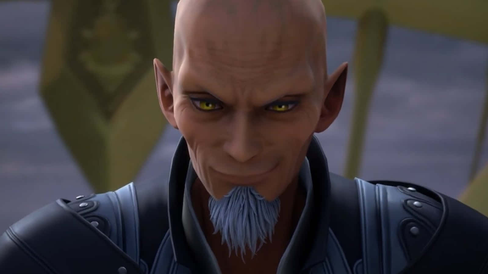 Kingdom Hearts Xehanort 桌布 壁紙 — 一個光頭動畫男子，有著發光的黃色眼睛和灰色山羊鬍，在昏暗的環境中穿著深色盔甲。