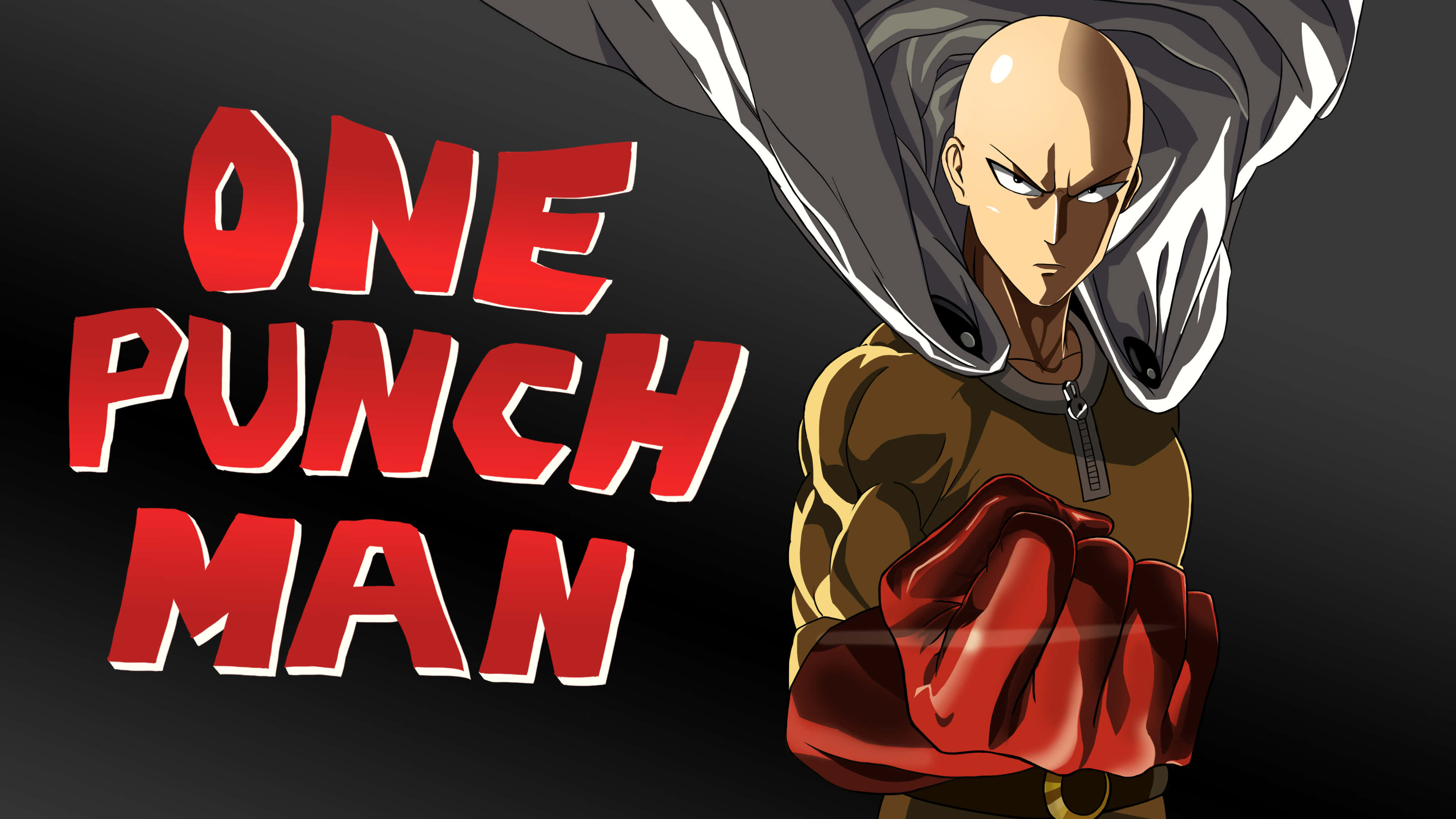 One Punch Man Minimalist 桌布 壁紙 — 一個光頭動畫英雄，身穿棕色外套和紅色手套，在深色背景上以粗體紅色「ONE PUNCH MAN」文字襯托下，以堅定的目光準備就緒。