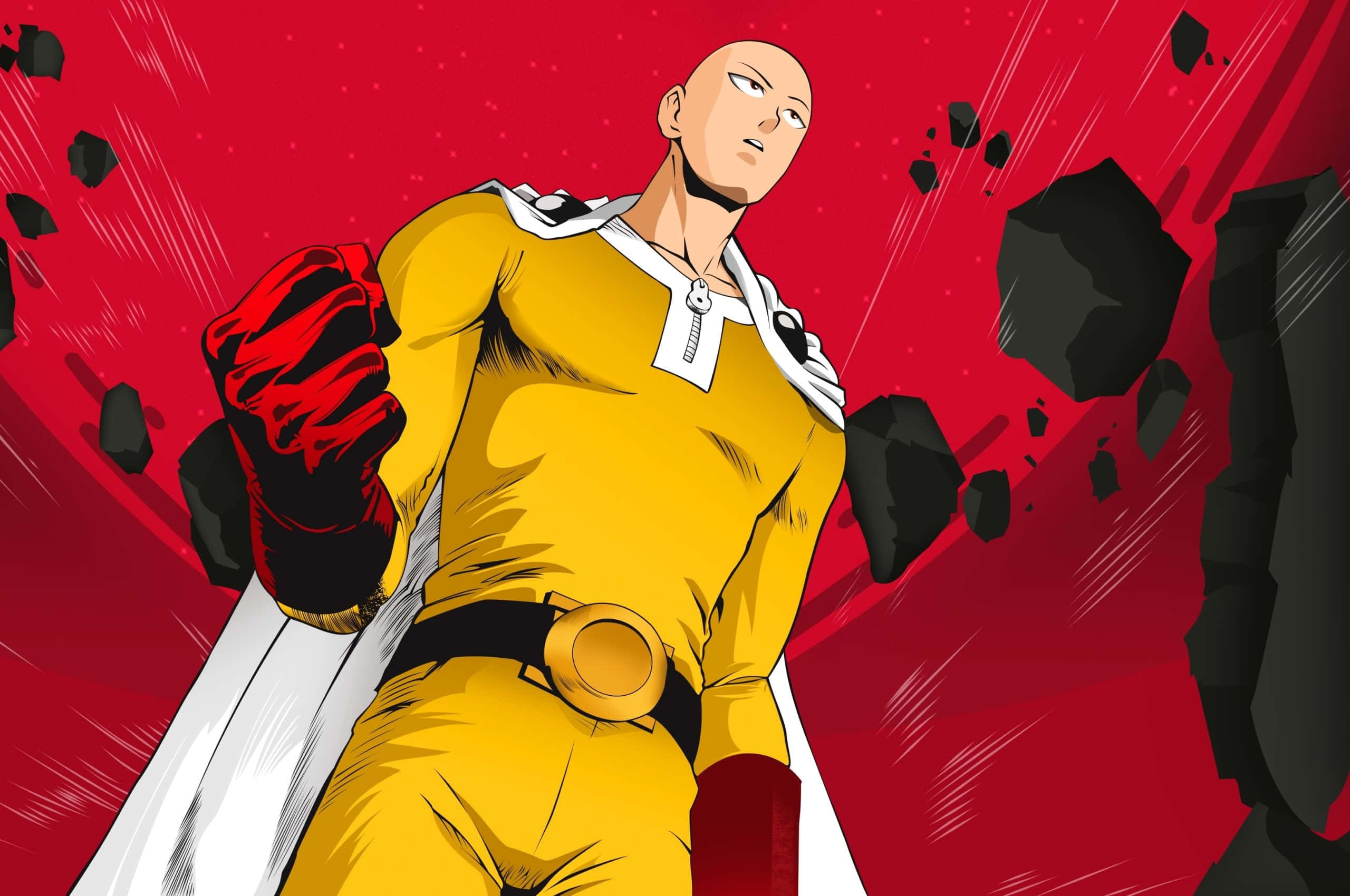 One Punch Man Minimalist 桌布 壁紙 — 一個光頭動畫英雄穿著黃色西裝，在黑色岩石爆炸的紅色背景中一拳打穿。