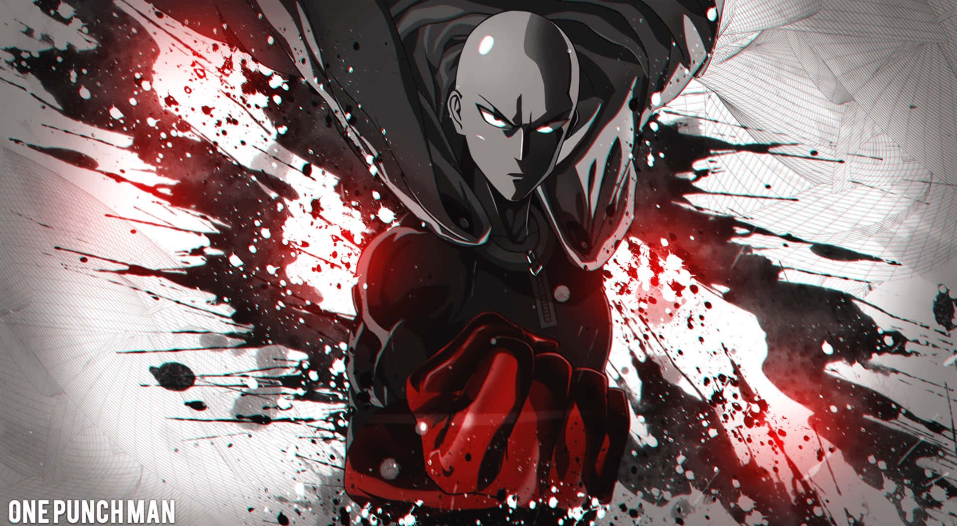 One Punch Man Season 2 桌布 壁紙 — 一個光頭動畫英雄穿著黑色西裝，在白色和灰色背景上向前揮拳，伴隨著紅色能量飛濺。