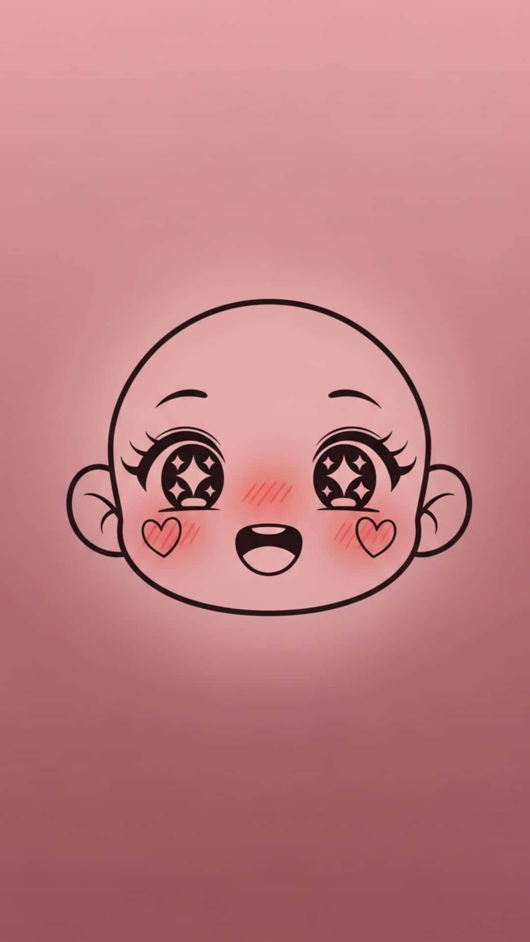 Smiling Chibi Face with Heart Blush Marks, Dusty Rose Gradient Background 壁紙 — 一個光頭卡通嬰兒臉，有星星眼和心形腮紅，在柔和的粉紅色漸變背景上。