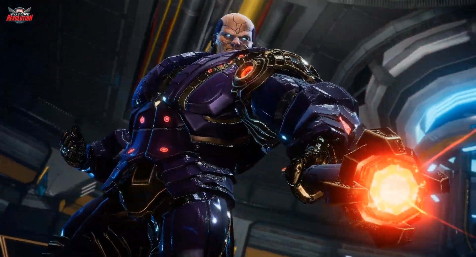 Reality Stone 桌布 壁紙 — 一個光頭反派穿著紫色裝甲服，在未來科幻實驗室中發射發光的橙色能量爆炸。