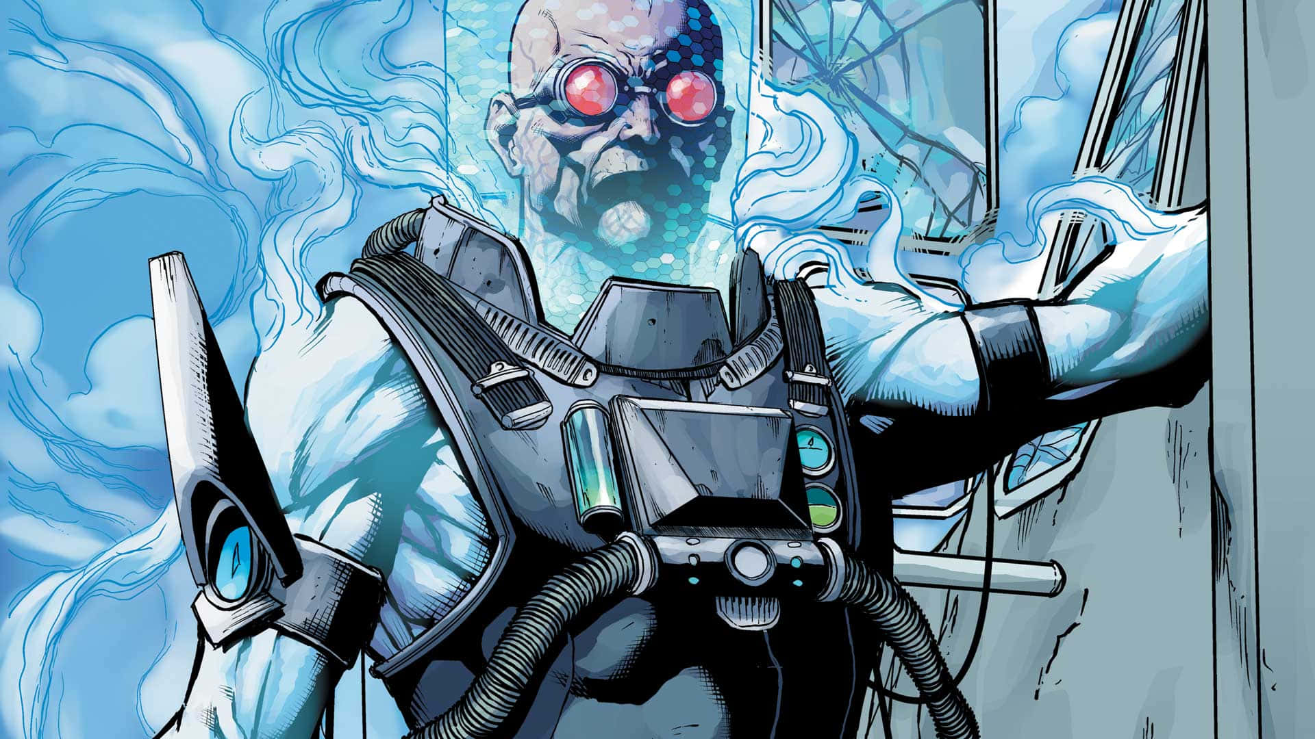 Mr Freeze 桌布 壁紙 — 一個光頭嘅賽博格人物，有發光嘅紅色眼睛同藍色能量漩渦，從一件高科技套裝入面出現，漫畫風格。
