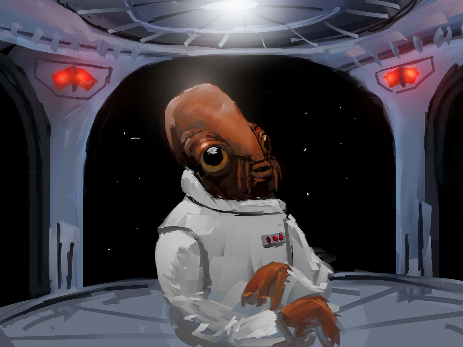 Admiral Ackbar 桌布 壁紙 — 一個光頭外星人穿著白色太空衣，坐在未來風格的太空船駕駛艙內，透過黑暗的觀景窗凝視著星星。