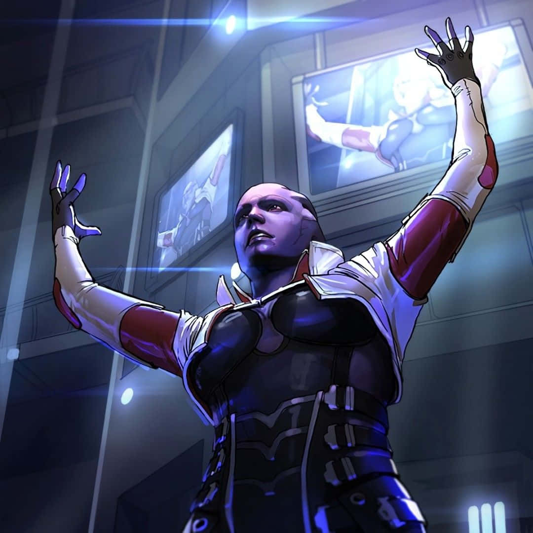 Aria T'loak 桌布 壁紙 — 一個光頭外星人身穿紅白裝甲服，在一個有發光屏幕的未來控制室中舉起雙手。