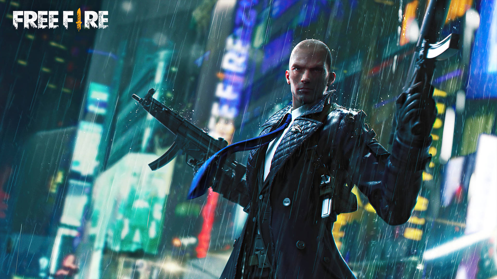 free fire 3d 桌布 壁紙 — 一個光頭戰士穿著風衣，在霓虹雨中的賽博龐克城市景觀中手持兩把槍。