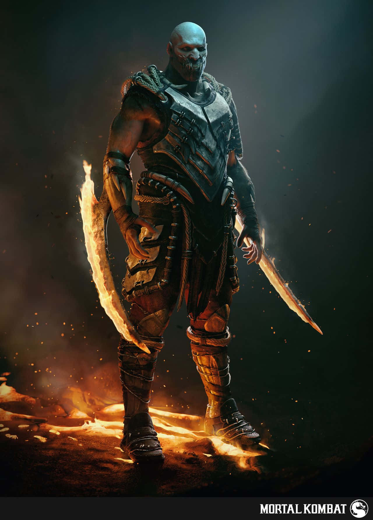 Mortal Kombat Baraka 桌布 壁紙 — 一個光頭戰士身穿暗色盔甲，在陰暗環境中手持火焰刀刃，站在發光的餘燼中，氣勢洶洶。