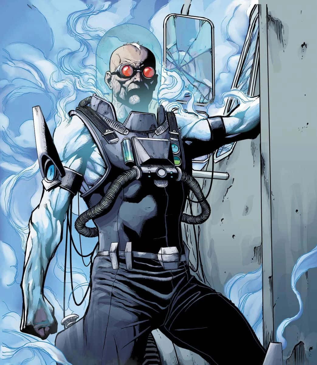 Mr Freeze 桌布 壁紙 — 一個光頭漫畫反派，雙眼發出紅光，身體爆發冰藍色能量，衝破破碎的窗戶。