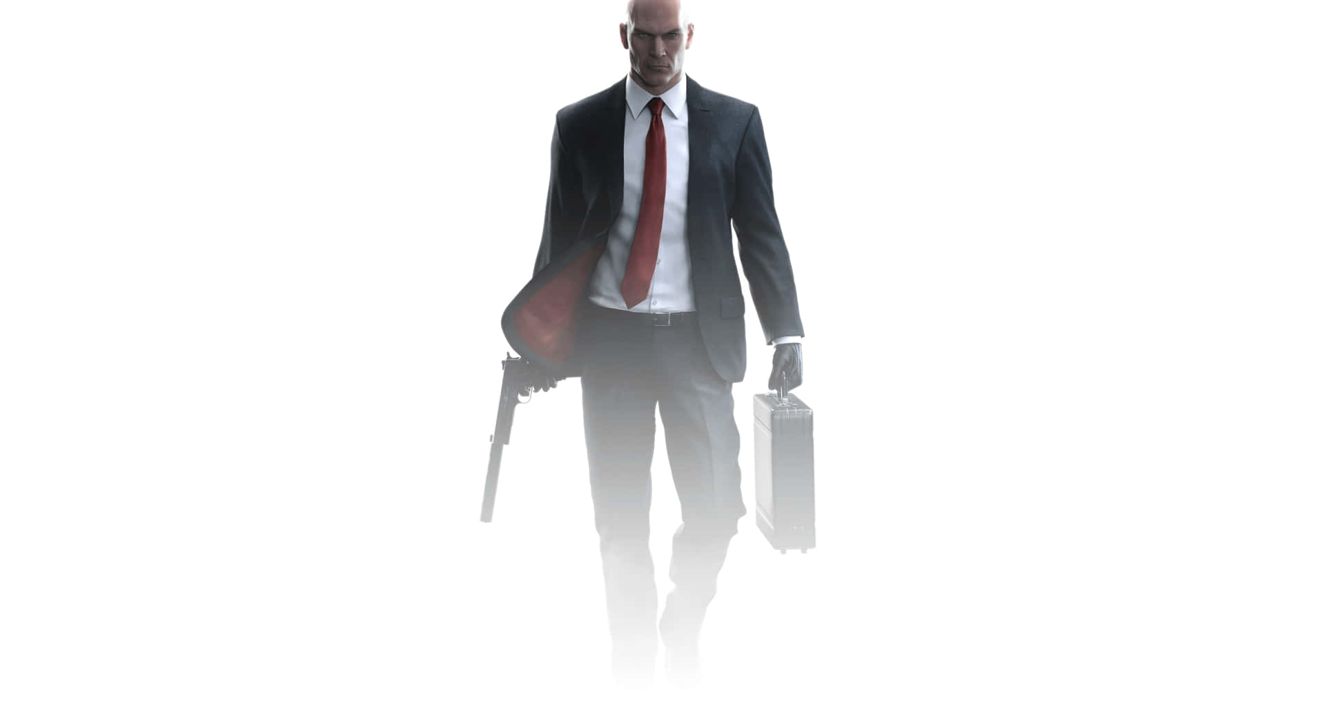Red Tie 桌布 壁紙 — 一個光頭男人穿著深色西裝和紅色領帶，拿著槍和公事包，在純白色背景前向前走。