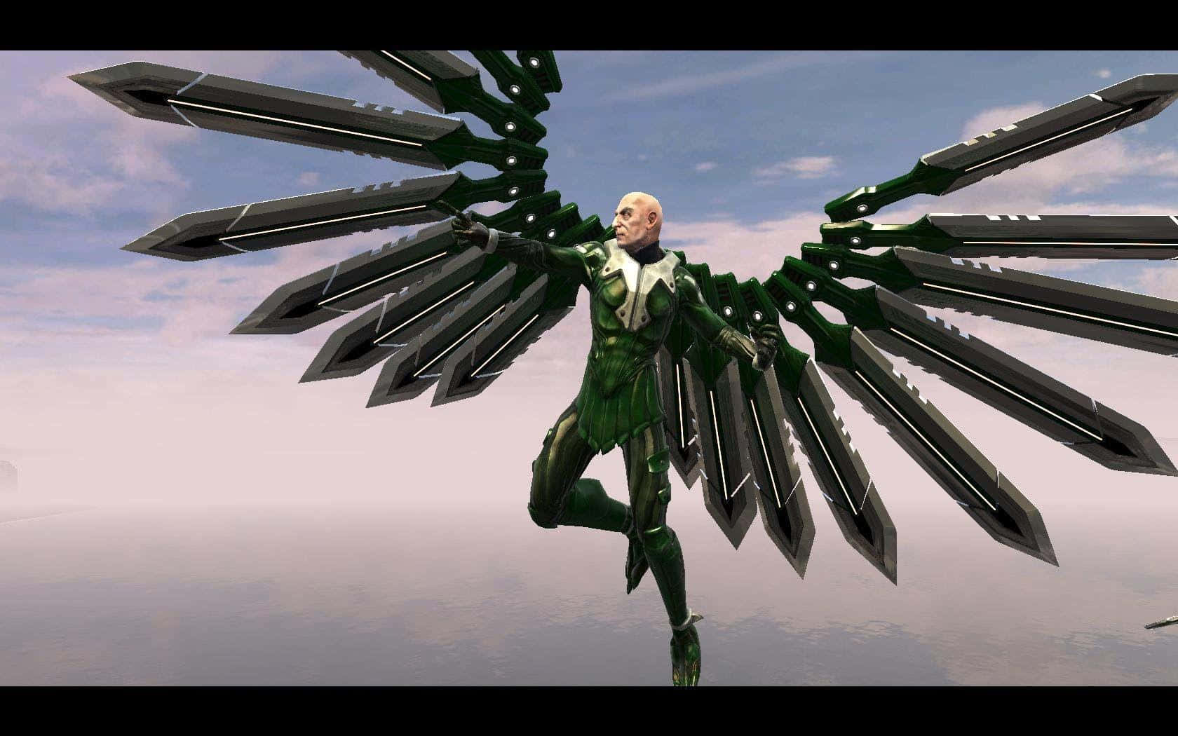 The Vulture 桌布 壁紙 — 一個光頭男人穿著綠色裝甲翅膀在陰雲密布的天空中翱翔，背部伸出金屬刀片。