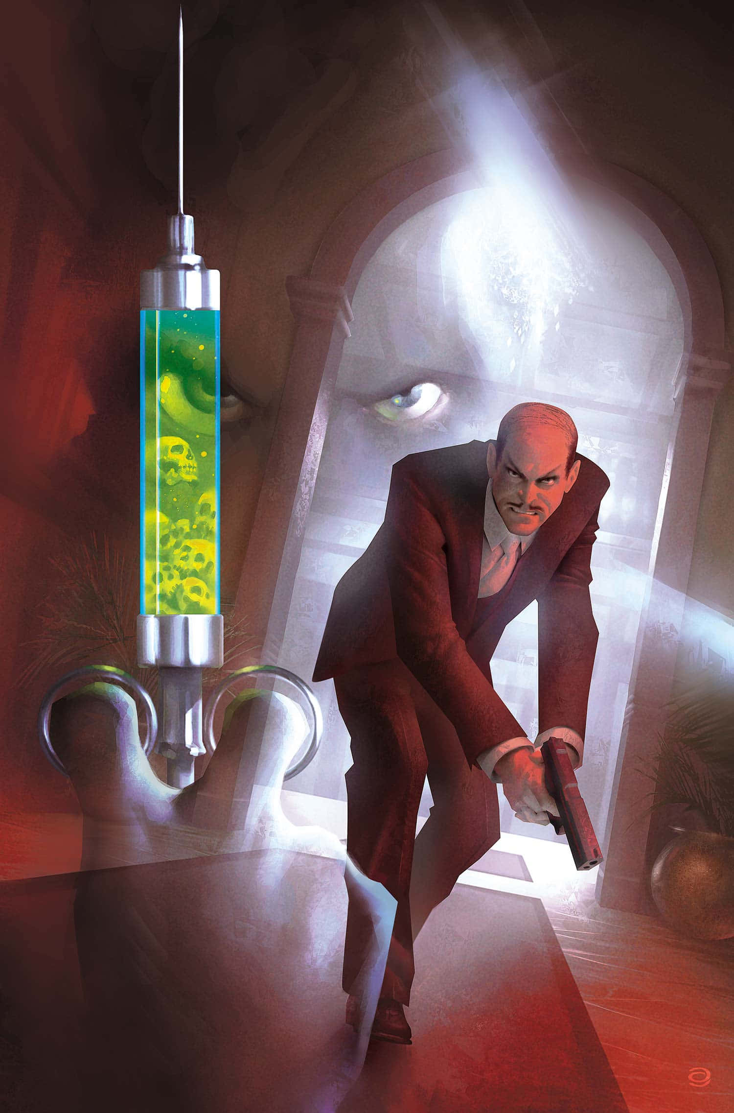 Alfred Pennyworth 桌布 壁紙 — 一個光頭男人身穿紅色西裝，舉槍瞄準，前景中一支裝有綠色液體和骷髏的巨型注射器赫然聳立。