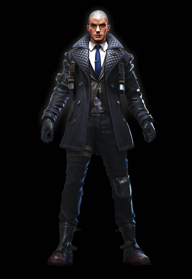 Free Fire Rafael PNG 壁紙 — 一個光頭男子穿著帶有發光裝飾的深色戰術外套，站在黑色背景前。