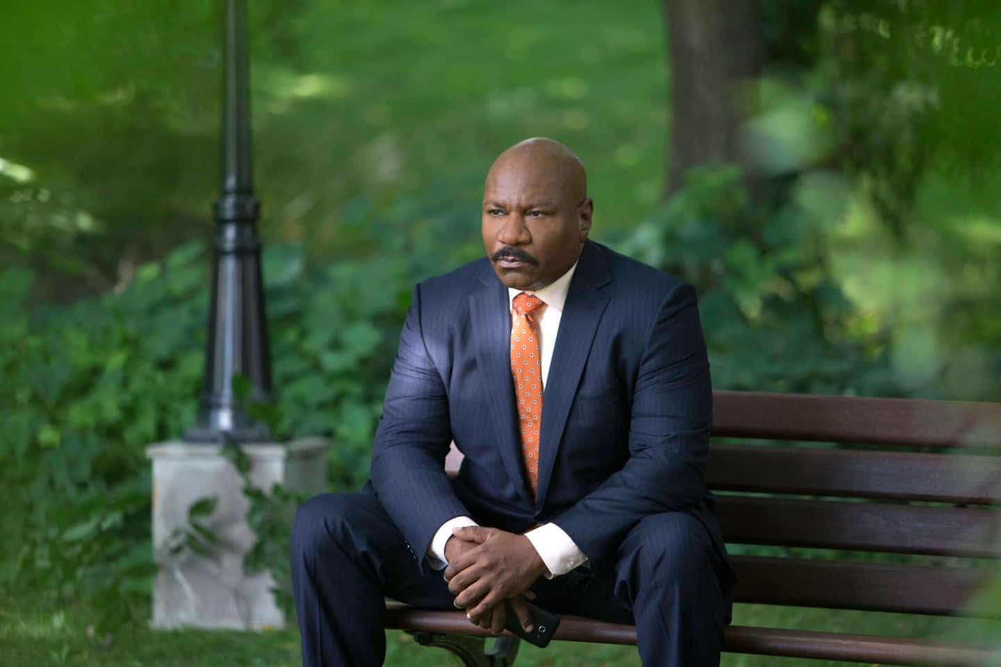 Ving Rhames 桌布 壁紙 — 一個光頭男子穿著深色西裝和橙色領帶，坐在被茂密綠葉環繞的木製公園長椅上沉思。