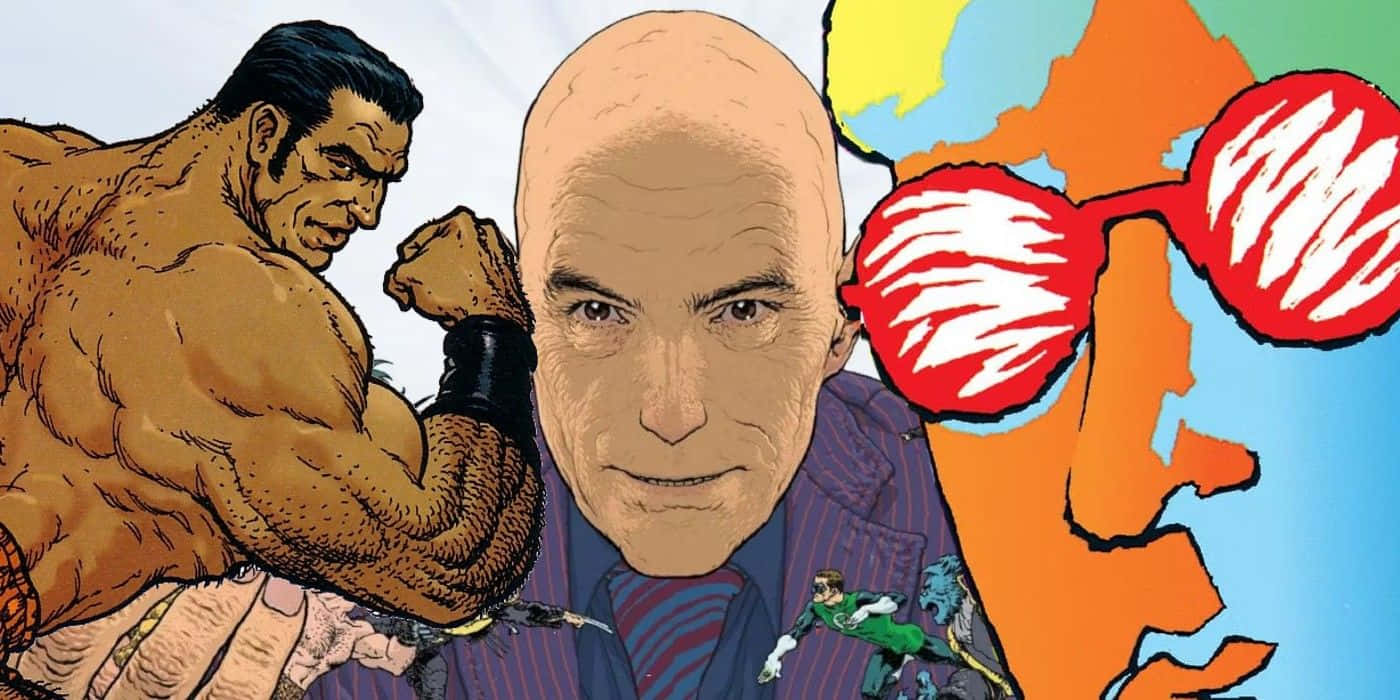 Grant Morrison 桌布 壁紙 — 一個光頭男子身穿西裝，戴著紅色眼鏡，站在肌肉發達的變形俠醫旁邊，背景是色彩繽紛的抽象圖案和小型超級英雄公仔。