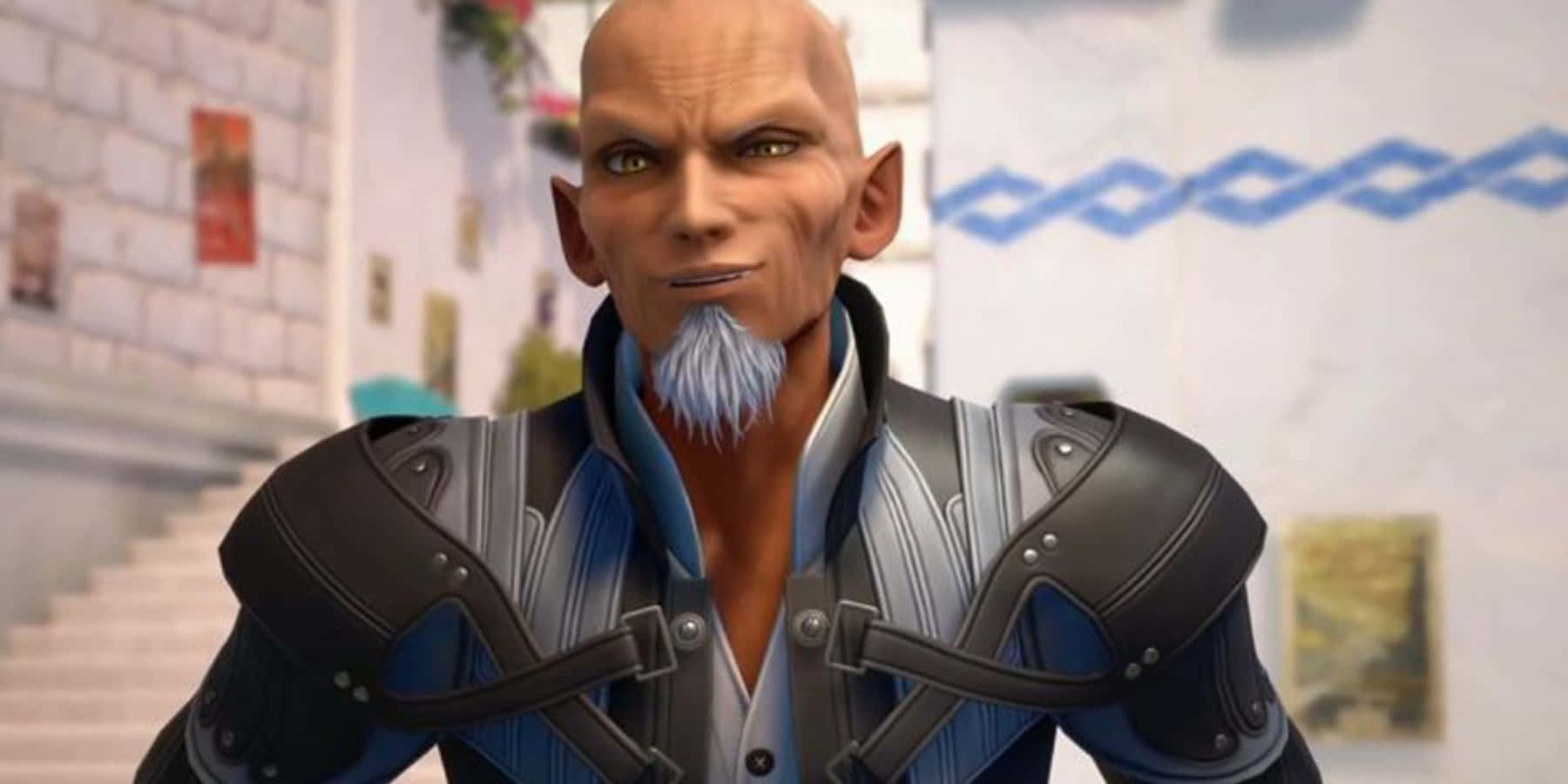 Kingdom Hearts Xehanort 桌布 壁紙 — 一個光頭的精靈，有藍色山羊鬍和綠色眼睛，穿著藍色和黑色盔甲在石牆房間裡。
