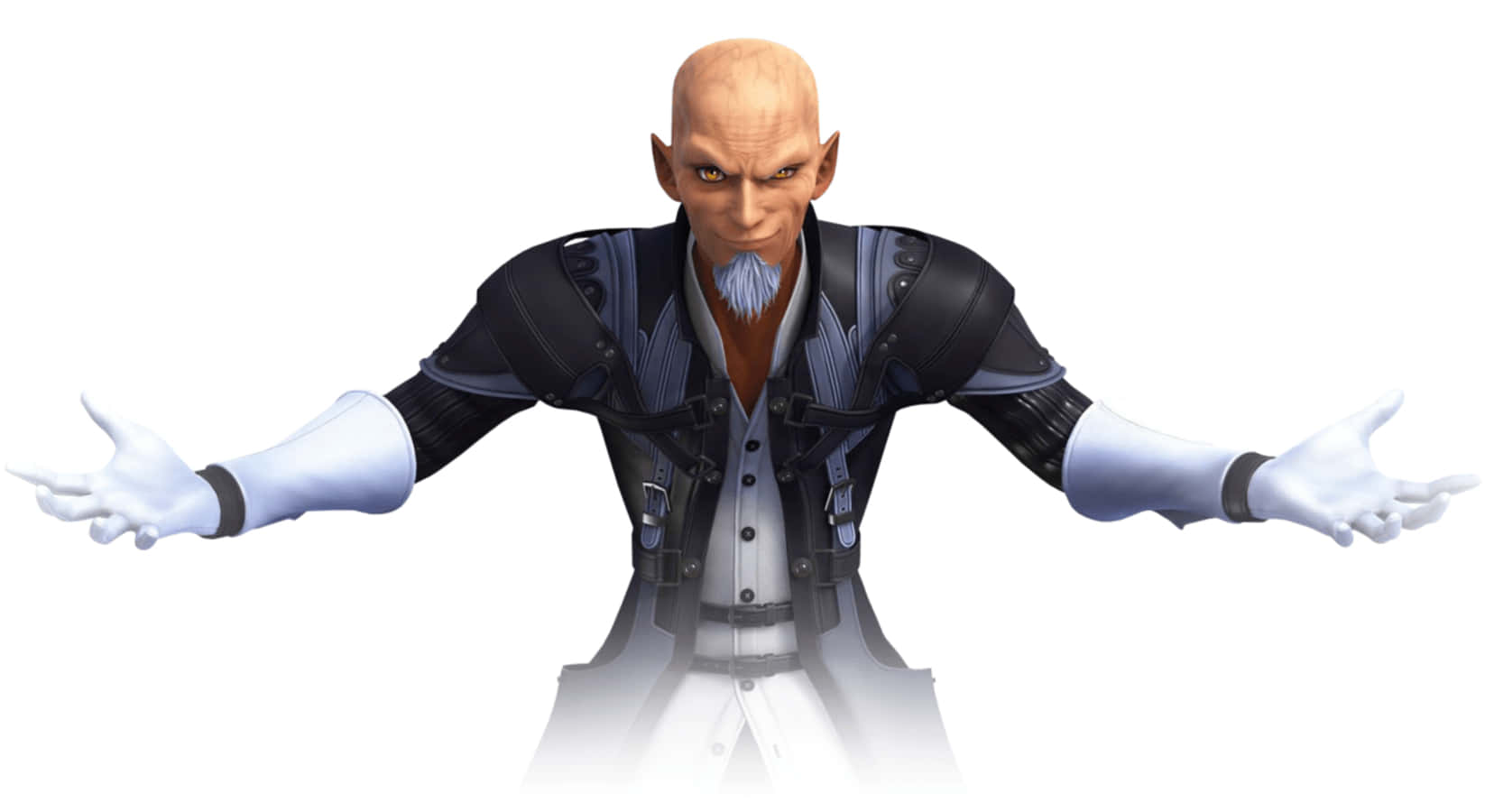 Kingdom Hearts Xehanort 桌布 壁紙 — 一個光頭精靈般的男人，留著灰色山羊鬍，身穿黑色和藍色的裝甲外套，戴著白色手套，在白色背景前張開雙臂。