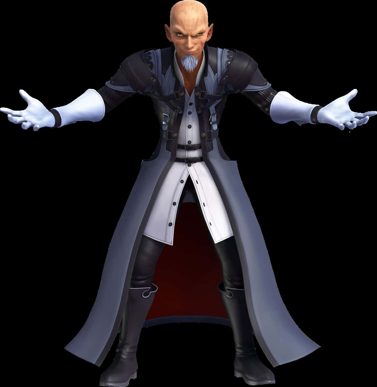 Kingdom Hearts Xehanort 桌布 壁紙 — 一個光頭精靈般的角色，擁有發光的眼睛和白色手套，在黑色背景下張開雙臂站立。