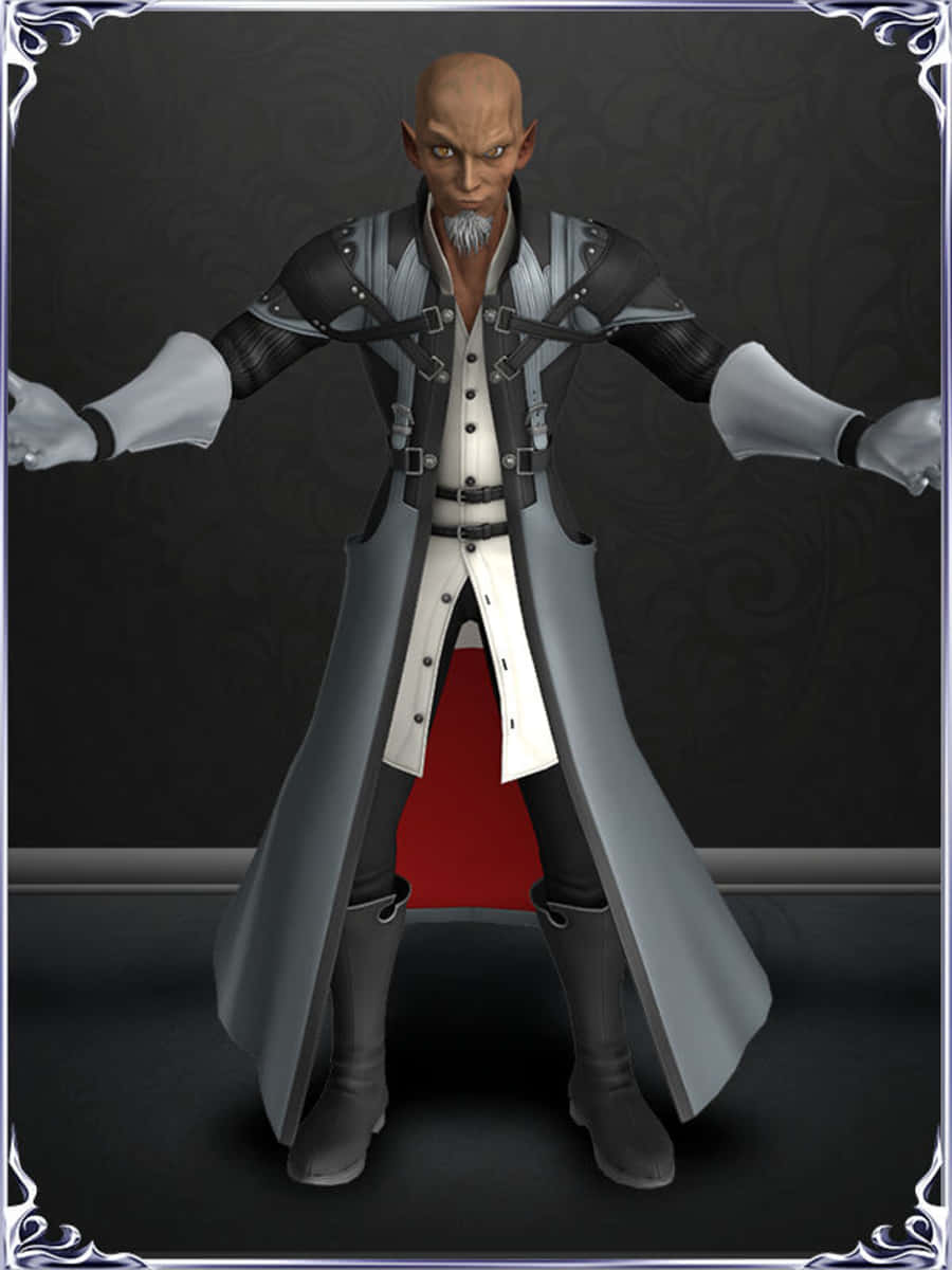 Kingdom Hearts Xehanort 桌布 壁紙 — 一個光頭精靈般的角色，身穿灰色風衣和白色襯衫，雙臂張開，靠著深色圖案牆壁站立。