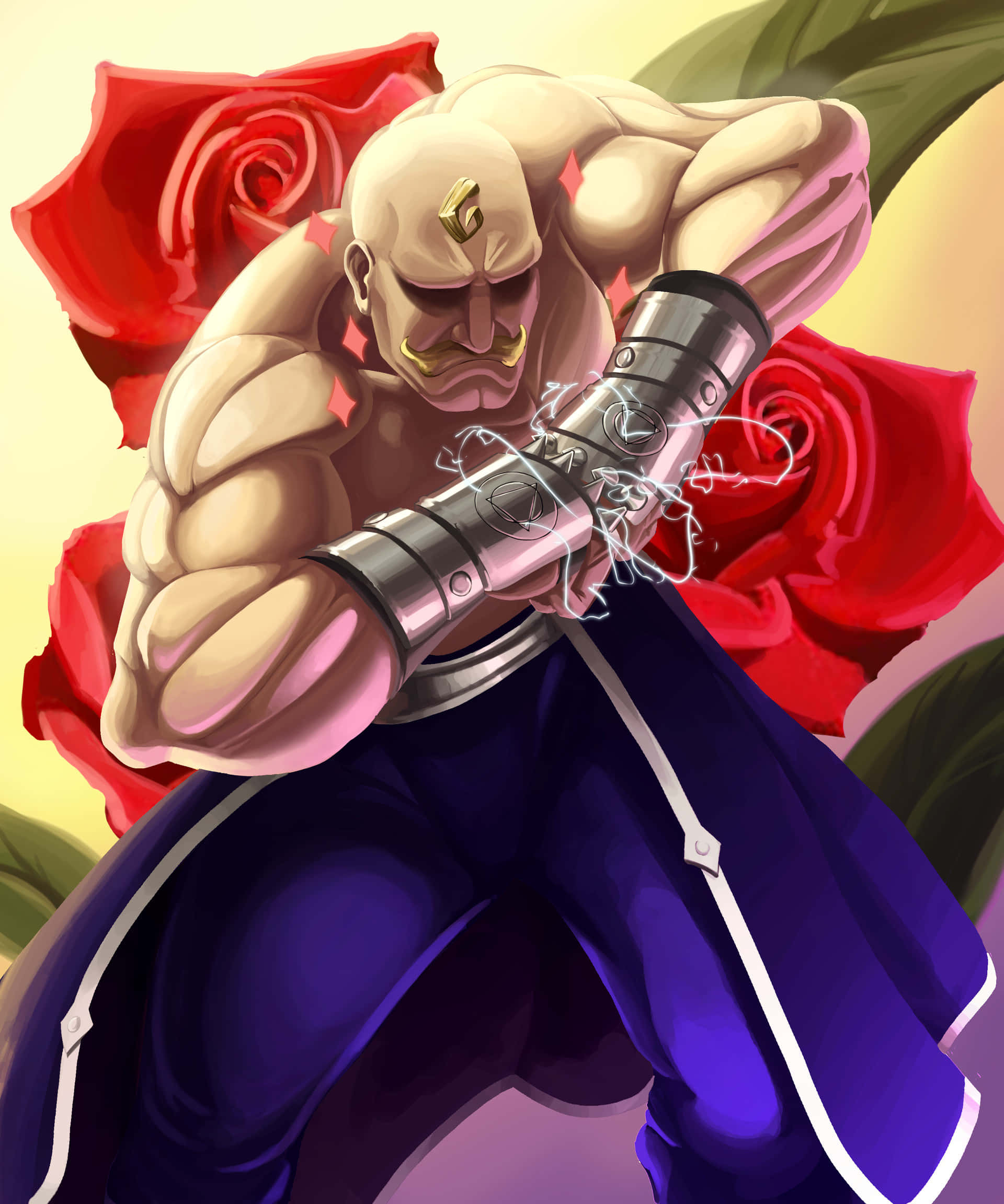 alex louis armstrong 桌布 壁紙 — 一個光頭肌肉發達的動漫戰士，額頭上有金色的「G」字，抓著一個火花四濺的金屬護手，背景是大朵的紅玫瑰。