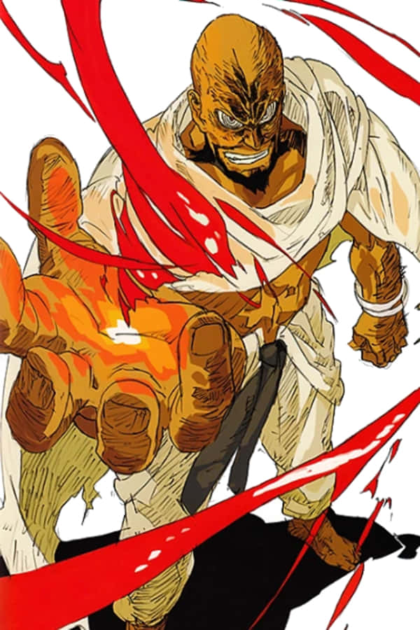 Lordgenome 桌布 壁紙 — 一個光頭肌肉發達的動漫戰士穿著白色道服，向前揮拳，熾熱的紅色能量劃破空氣。
