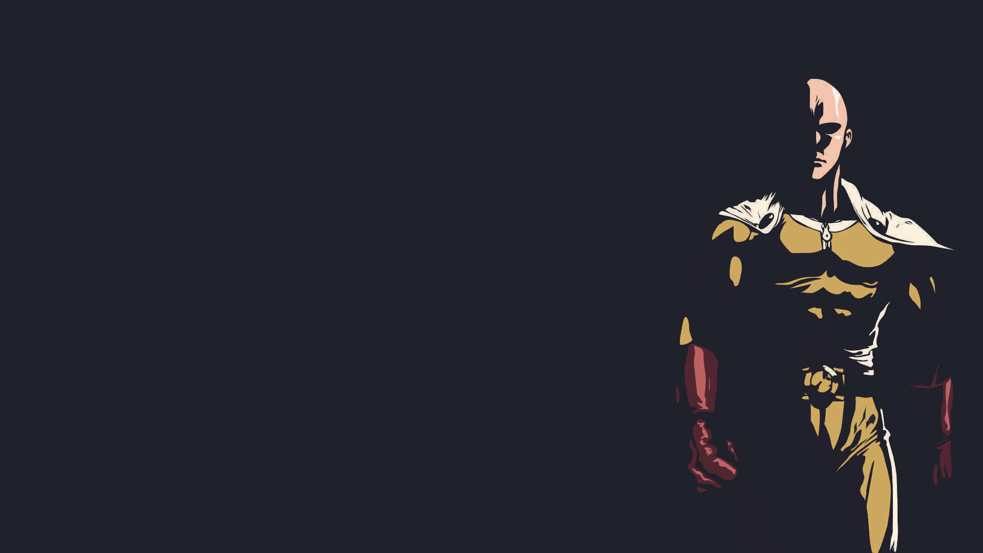 One Punch Man Minimalist 桌布 壁紙 — 一個光頭肌肉發達的超級英雄，身穿金色和紅色盔甲，在黑暗背景下以剪影姿態站立，眼神凌厲。