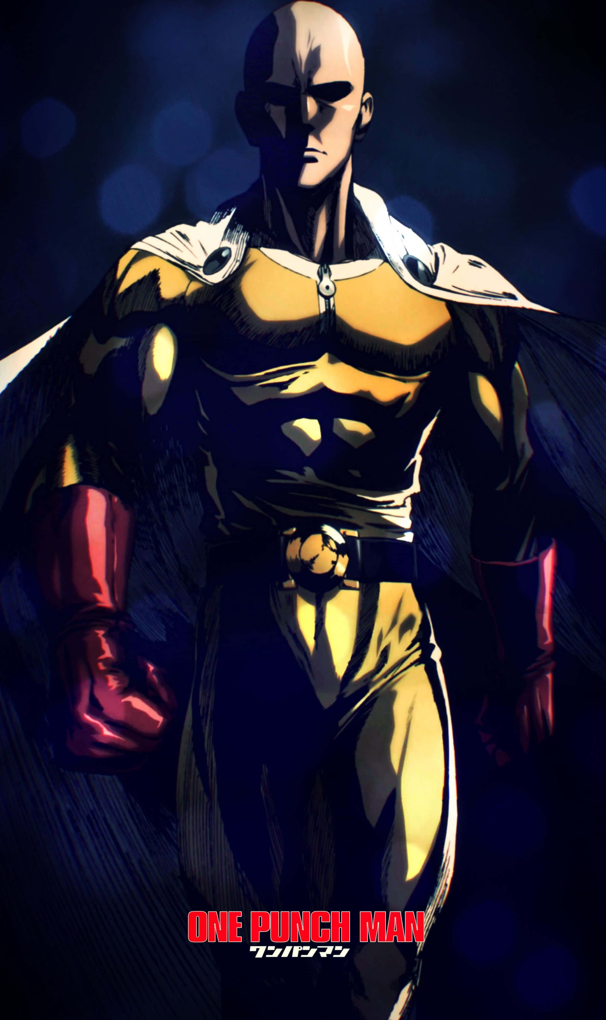 One Punch Man Season 2 桌布 壁紙 — 一個光頭肌肉英雄穿著黃黑相間的套裝和紅色手套，自信地站在深藍色散景背景前。