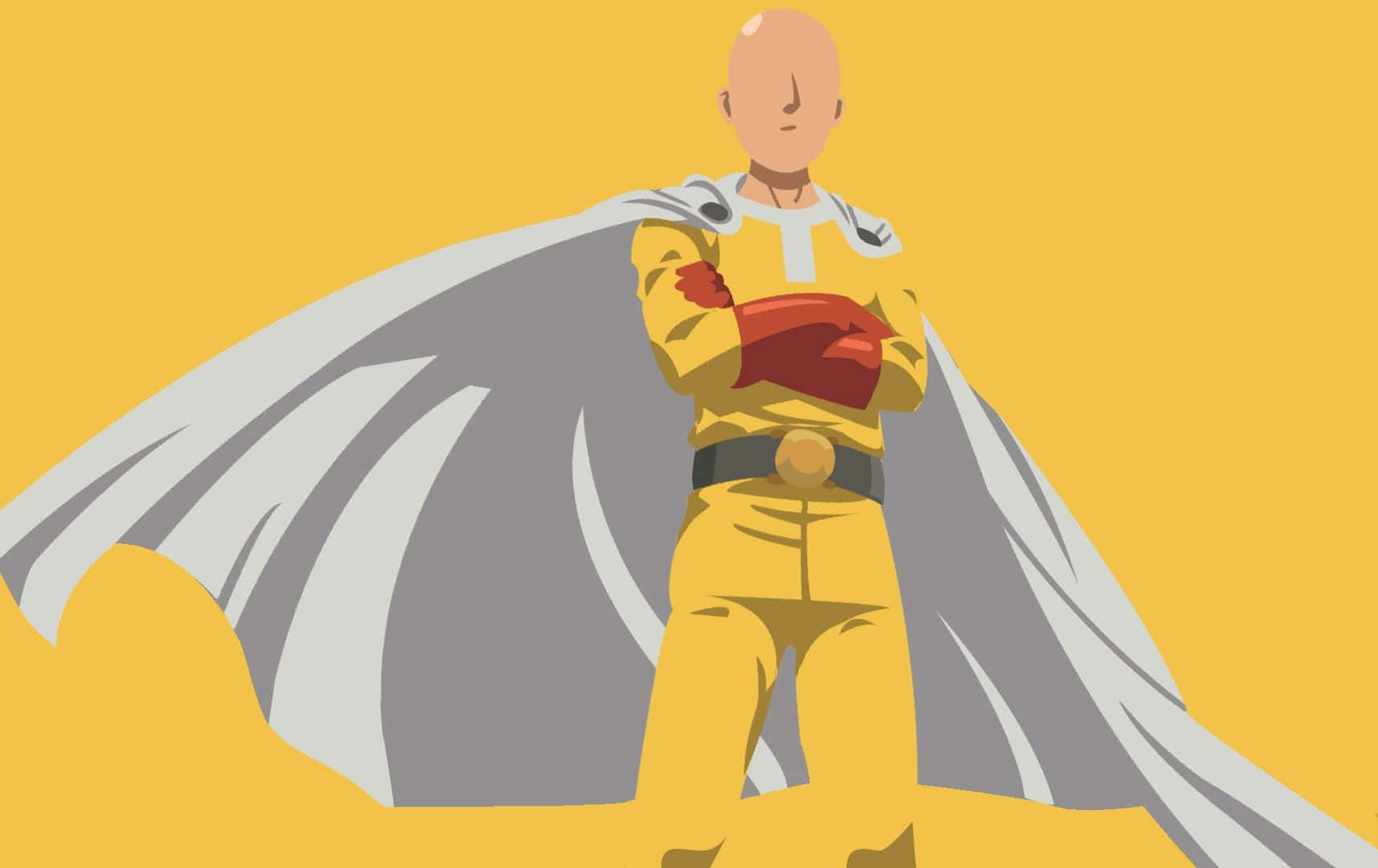 One Punch Man Minimalist 桌布 壁紙 — 一個光頭超級英雄穿著黃色西裝和灰色披風，在純黃色背景前自信地交叉雙臂站立。