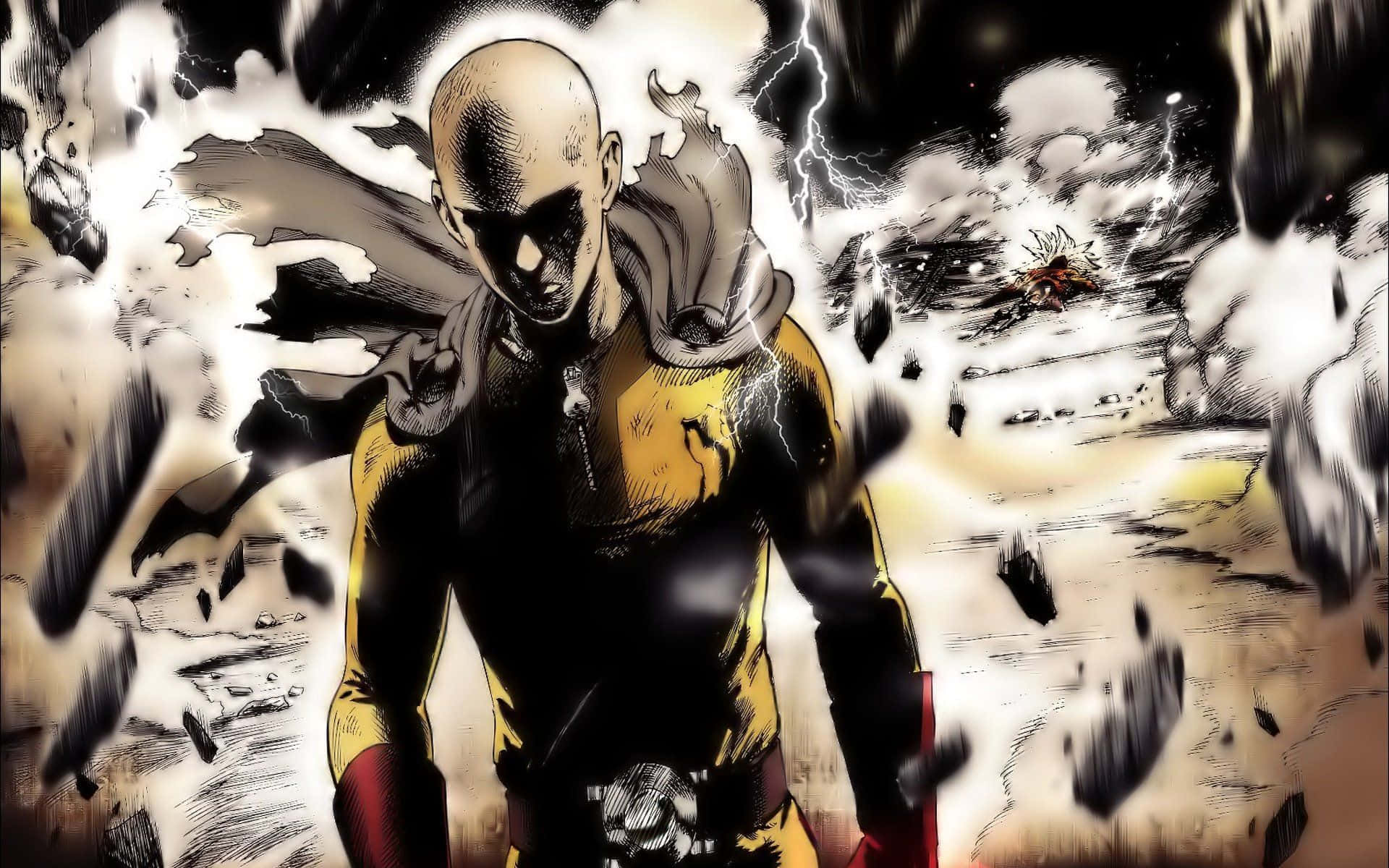 One Punch Man Season 2 桌布 壁紙 — 一個光頭超級英雄穿著黃黑色套裝，站在破碎的瓦礫和閃電中，身後爆炸四起。