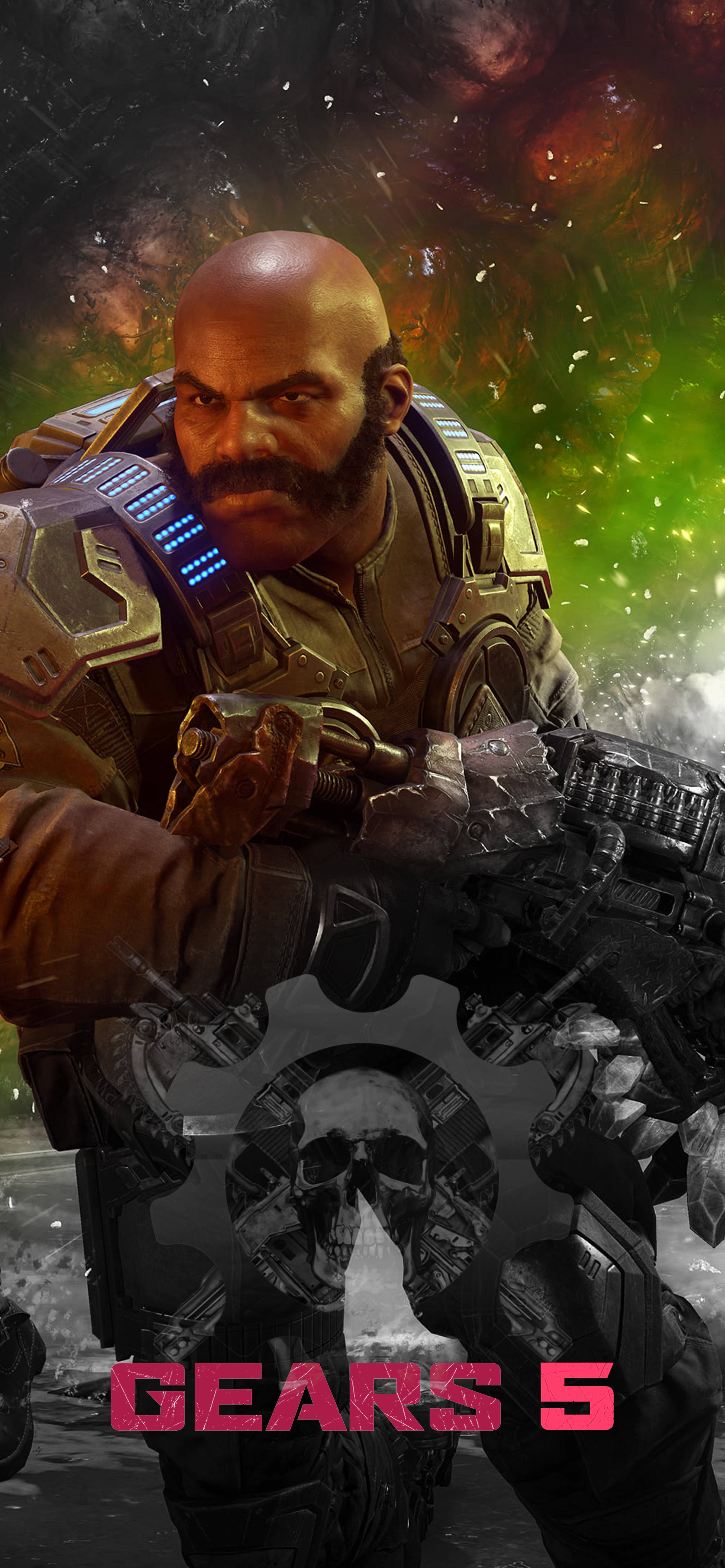 gears 5 iPhone 桌布 壁紙 — 一個光頭鬍鬚士兵穿著重型盔甲，在熾熱的宇宙背景下握著武器，並帶有 'GEARS 5' 文字。