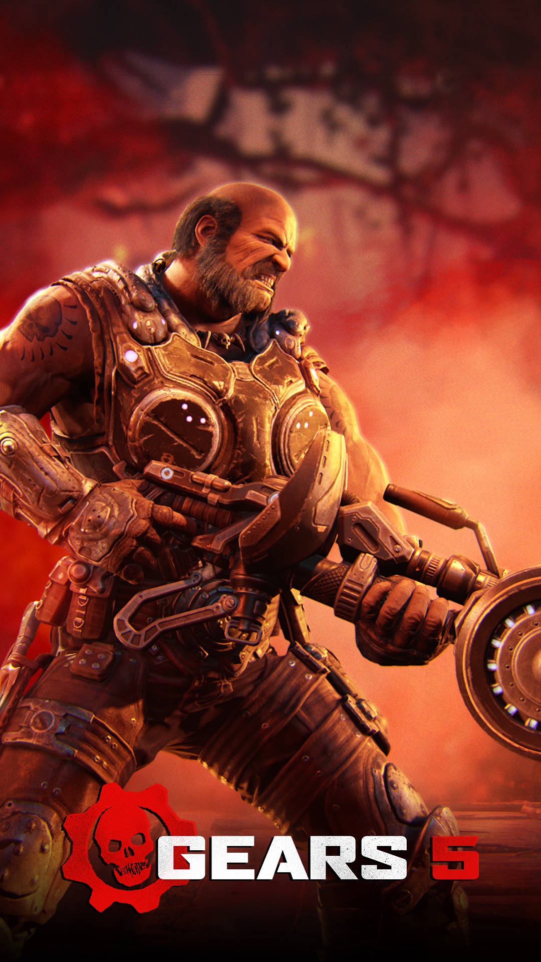 Gears Of War 桌布 壁紙 — 一個光頭鬍鬚戰士身穿重甲，在熾熱的紅色背景前握著一把巨型武器，背景上有 Gears 5 標誌。