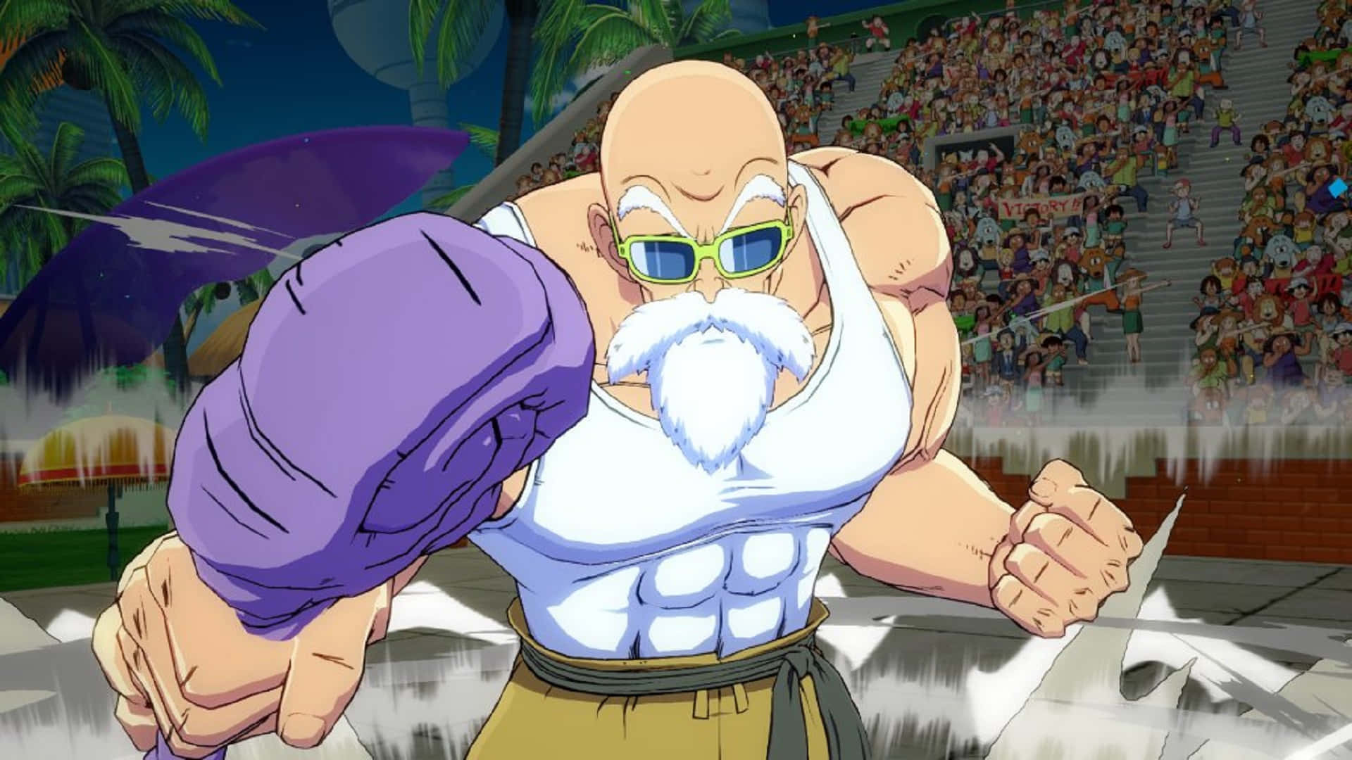 Turtle Hermit 桌布 壁紙 — 一個光頭鬍鬚的動漫戰士，戴著綠色太陽眼鏡和白色背心，在棕櫚樹下擠滿歡呼人群的體育館內，用紫色手套向前出拳。