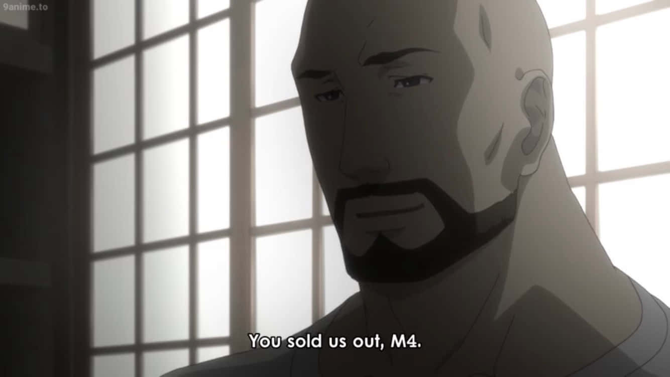 Yuugo Tennouji 桌布 壁紙 — 一個光頭鬍鬚的動畫男人，透過昏暗房間的障子窗戶莊嚴地凝視著。