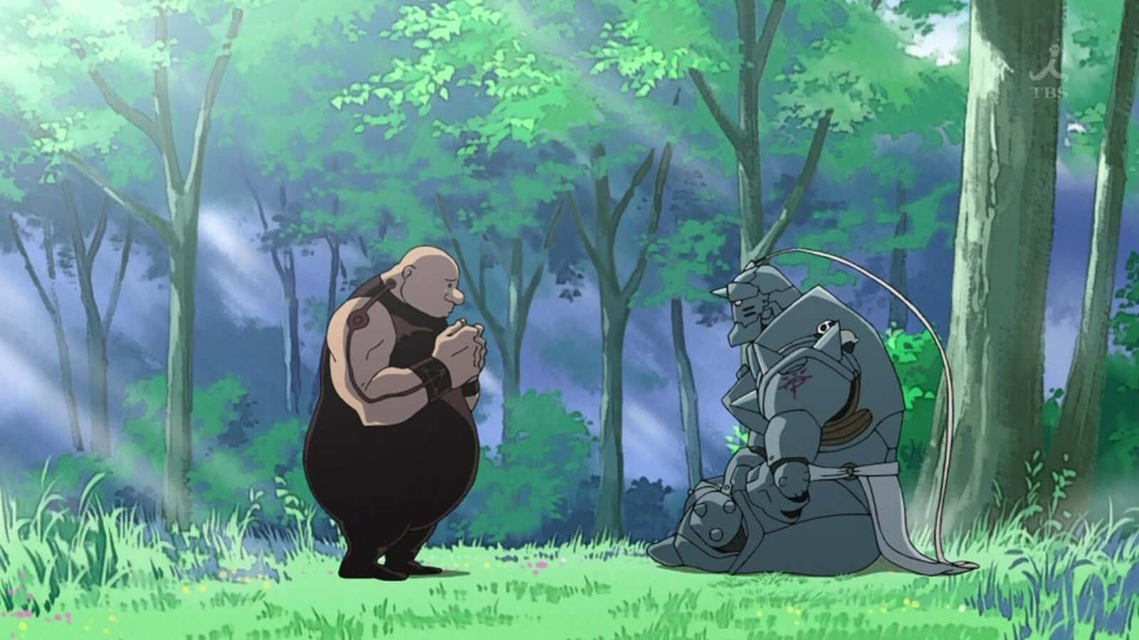Fullmetal Alchemist Gluttony 桌布 壁紙 — 一個光頭黑衣男子跪在陽光照耀的森林空地上，面對一個坐在草地上的金屬盔甲騎士。