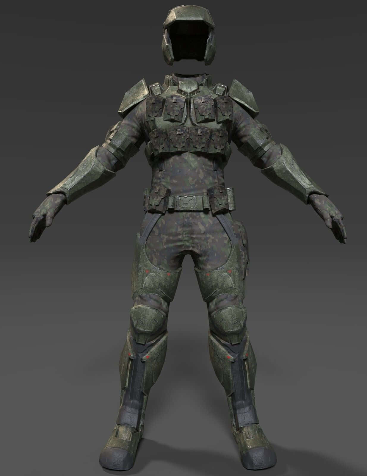 Halo Unsc 桌布 壁紙 — 一個全身的未來士兵，穿著磨損的綠色迷彩裝甲，在灰色中性背景前擺好姿勢。
