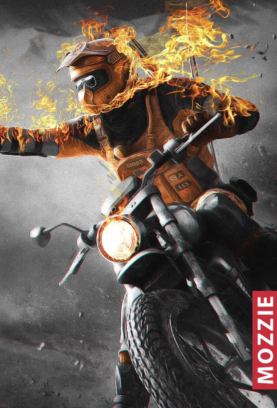 Rainbow Six Siege Mozzie 桌布 壁紙 — 一個全身裝備的火焰電單車手，在暴風雨的天空中騎著電單車，頭盔和手臂噴出火焰。